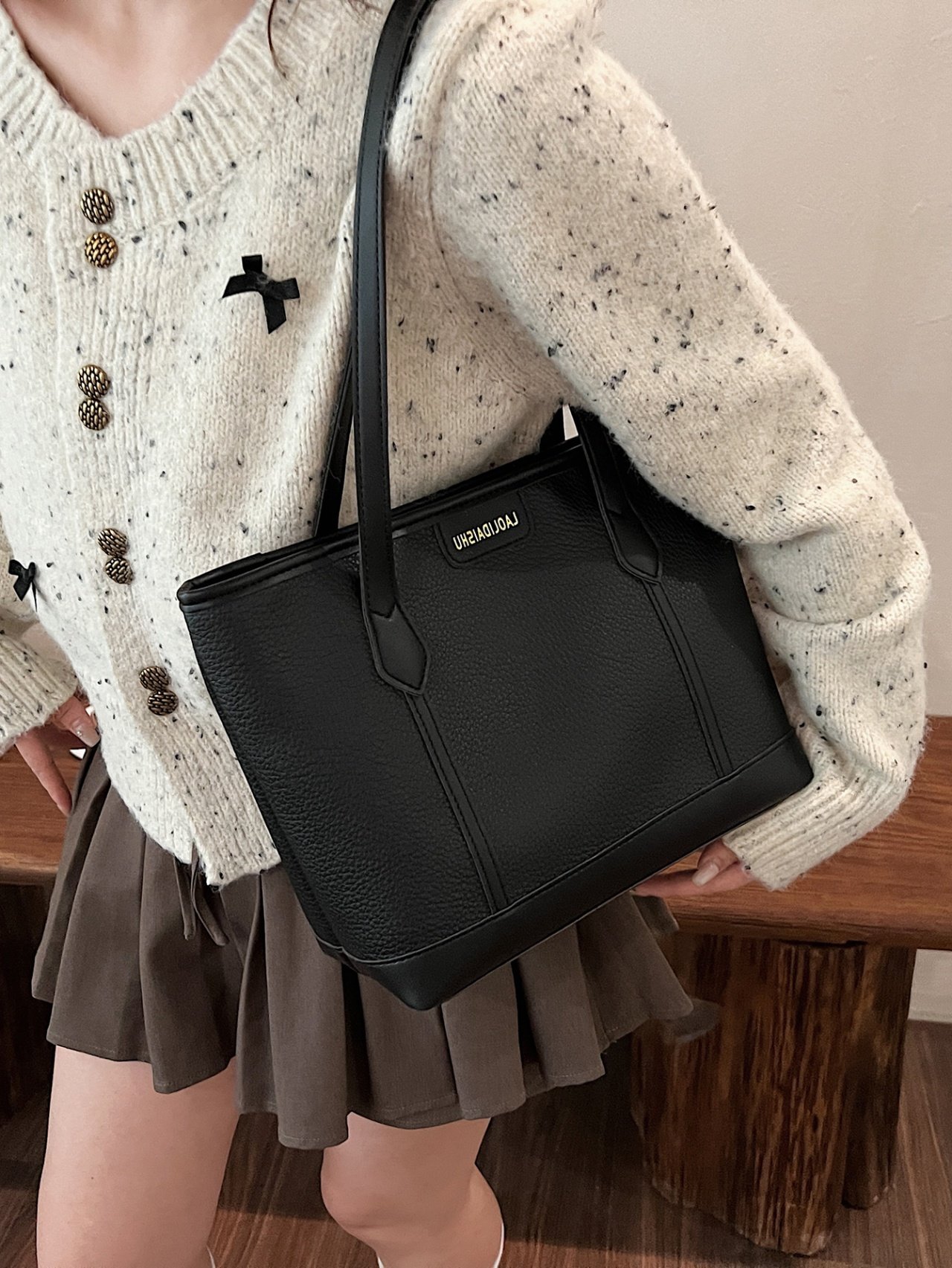 Black Grained Faux Leather Shoulder Bag
