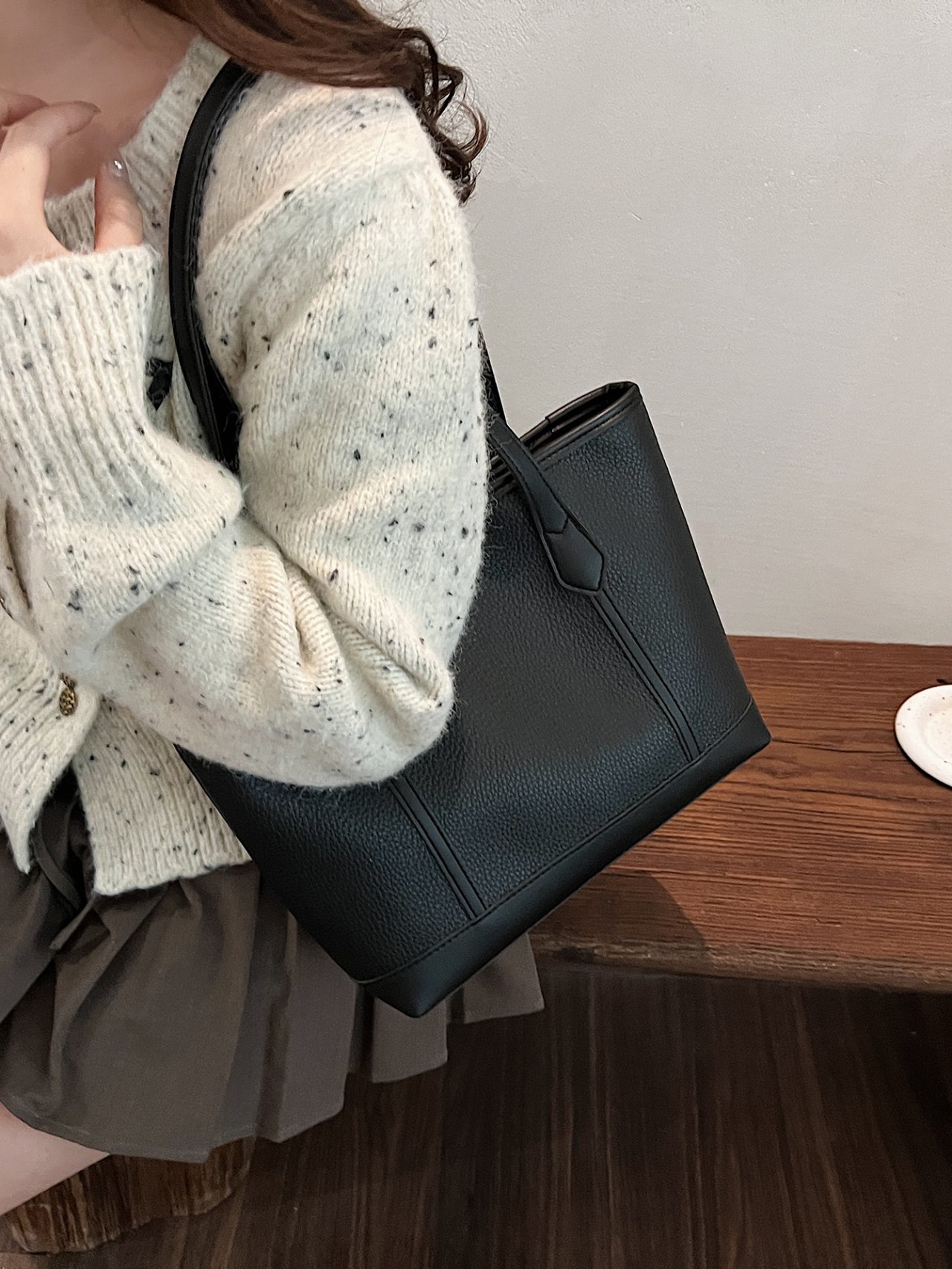 Black Grained Faux Leather Shoulder Bag