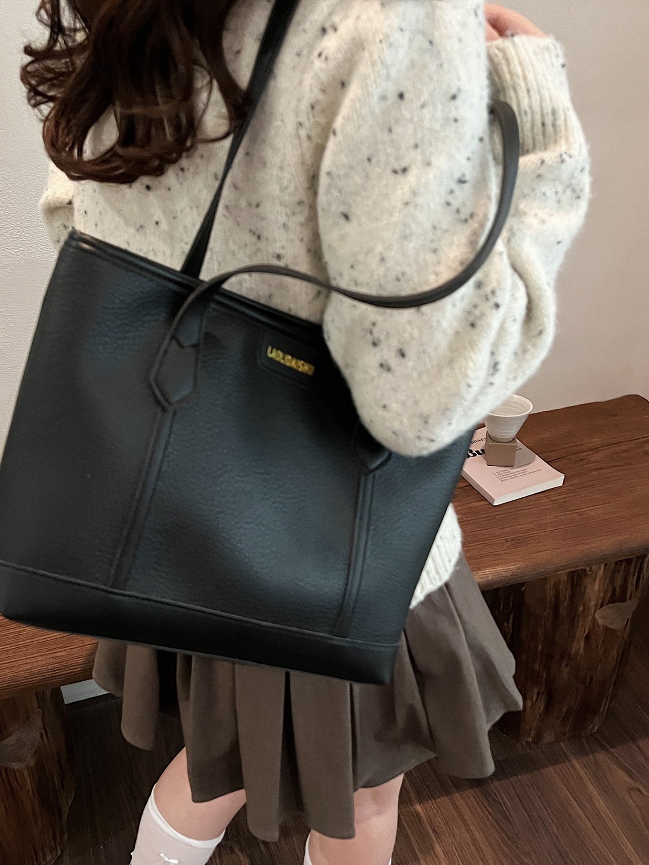 Black Grained Faux Leather Shoulder Bag