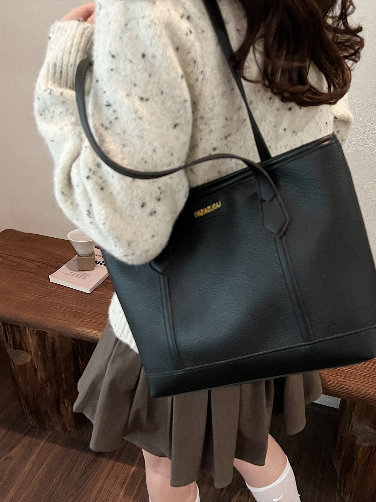 Black Grained Faux Leather Shoulder Bag