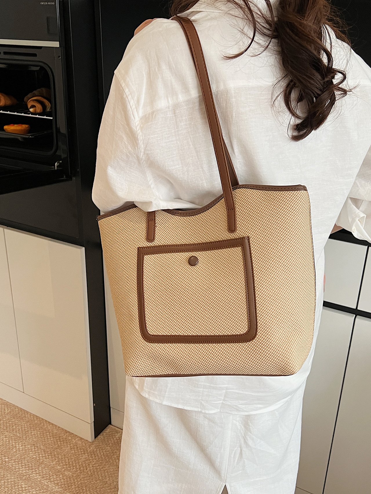 Woven Shoulder Bag with Brown Leather Accents