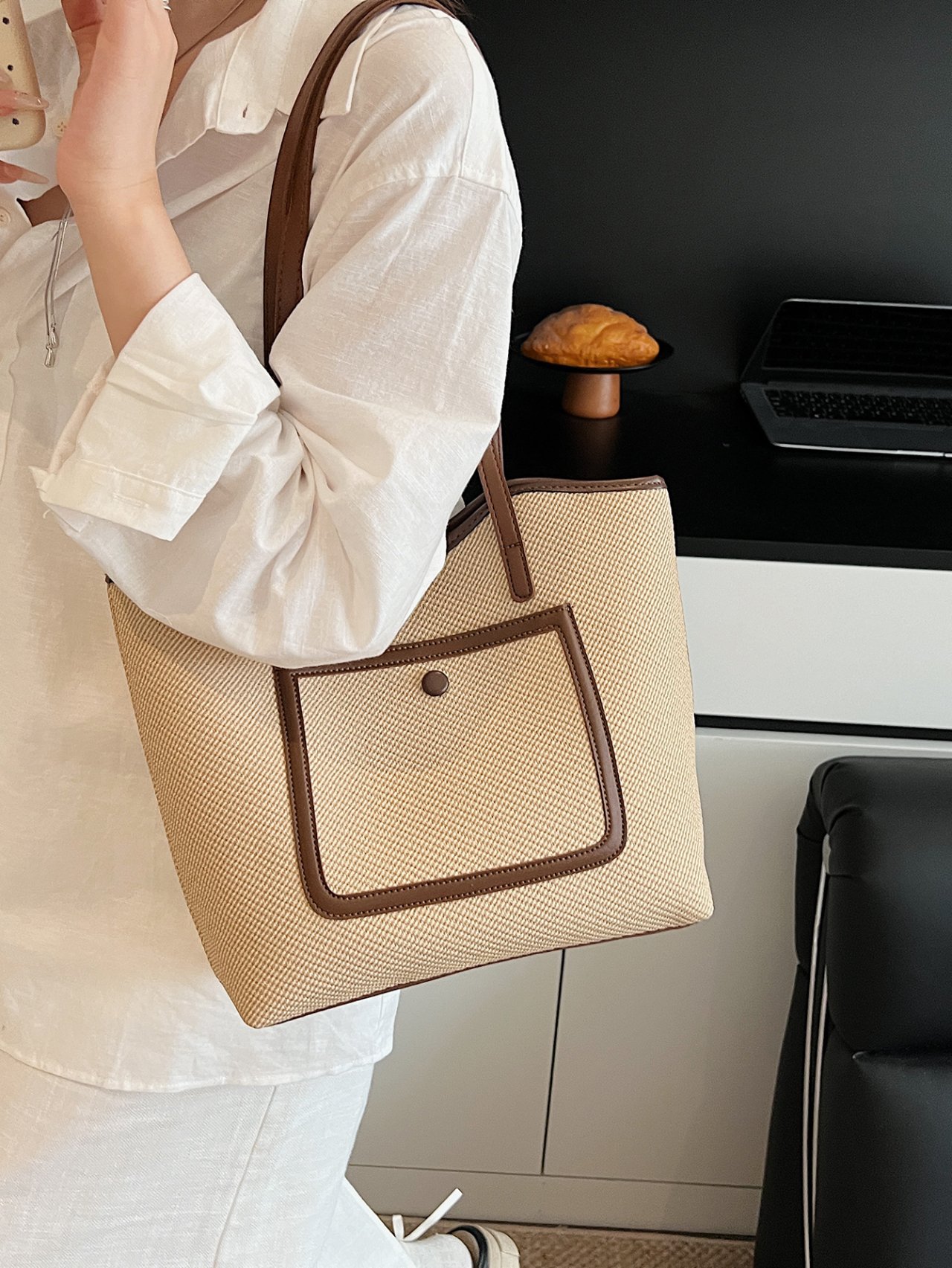 Woven Shoulder Bag with Brown Leather Accents