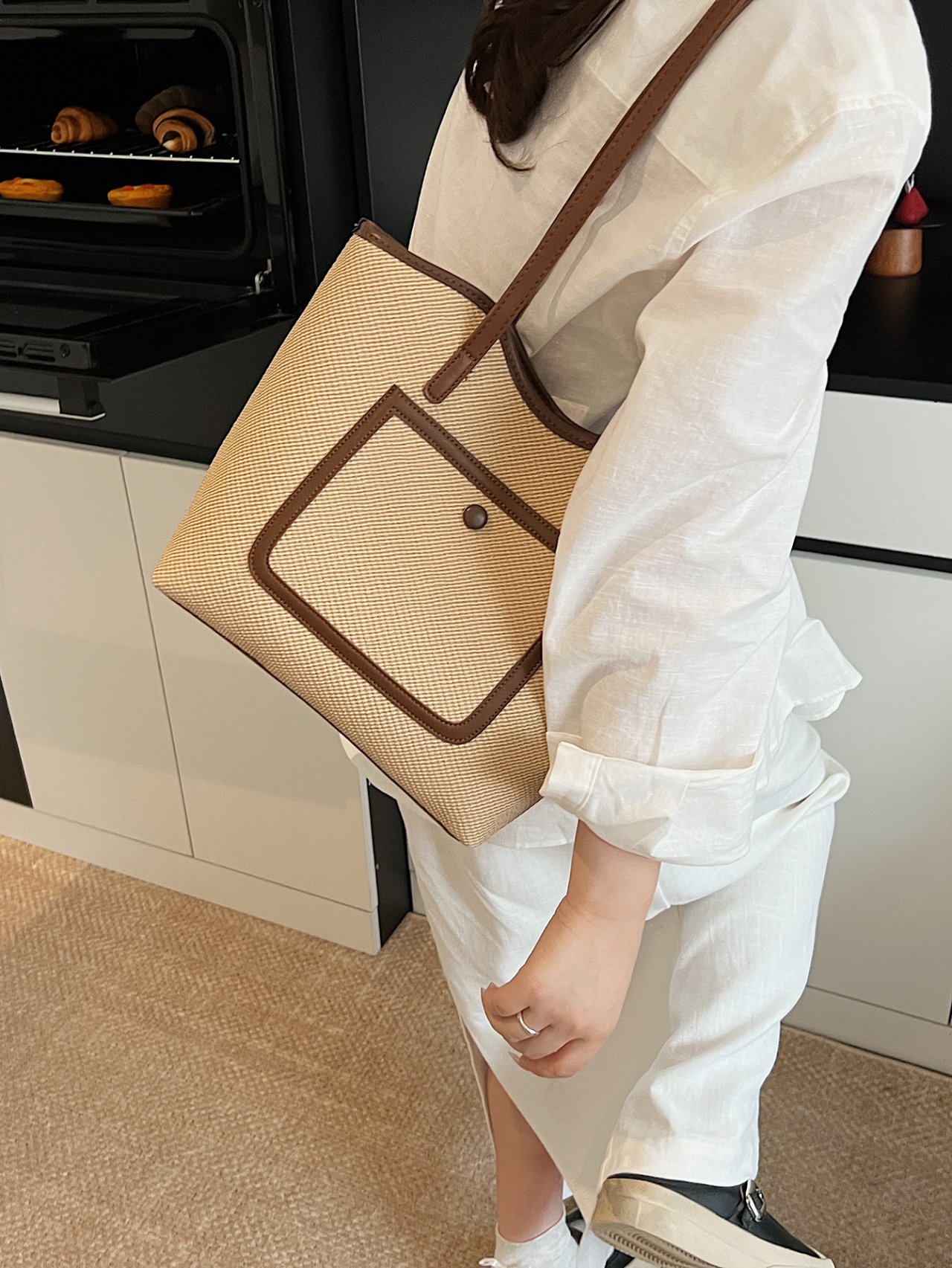 Woven Shoulder Bag with Brown Leather Accents