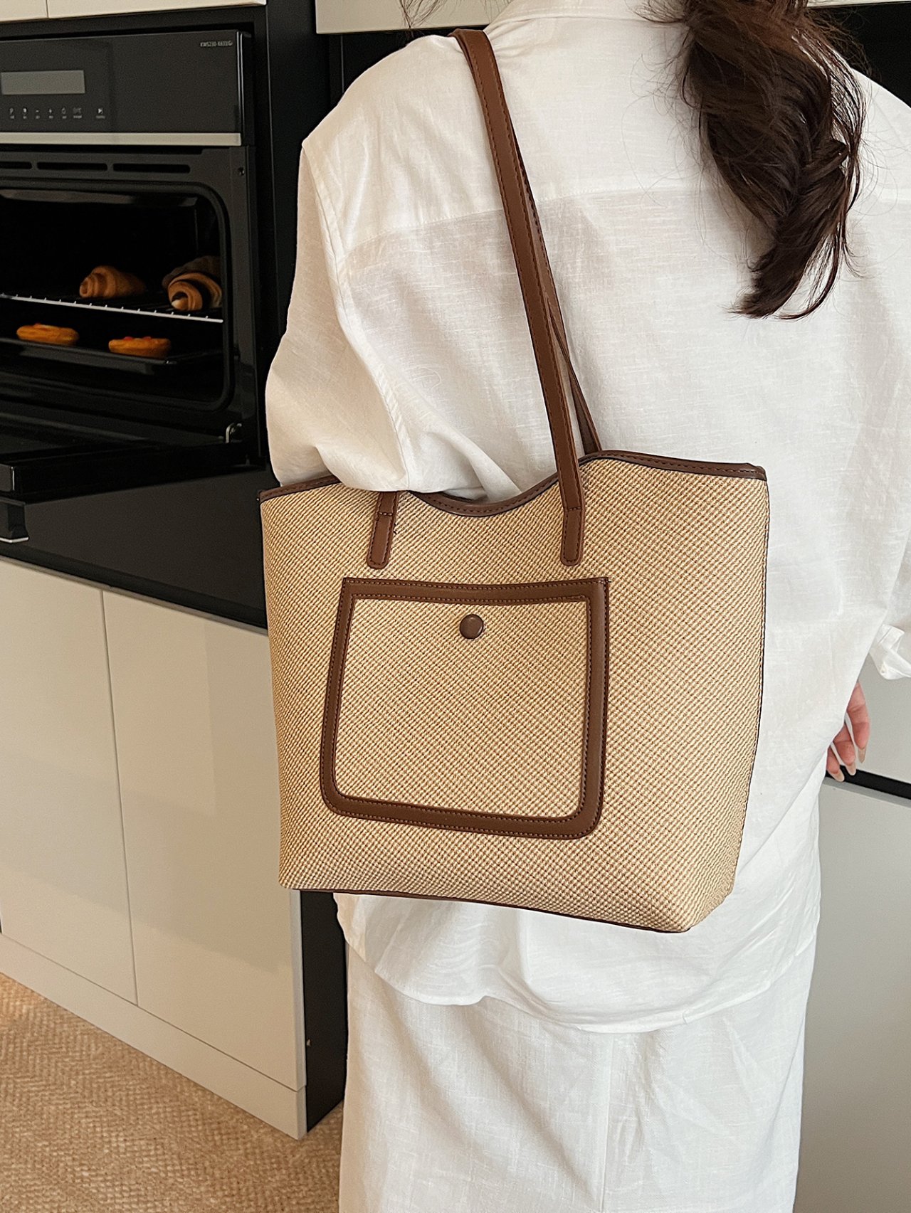Woven Shoulder Bag with Brown Leather Accents
