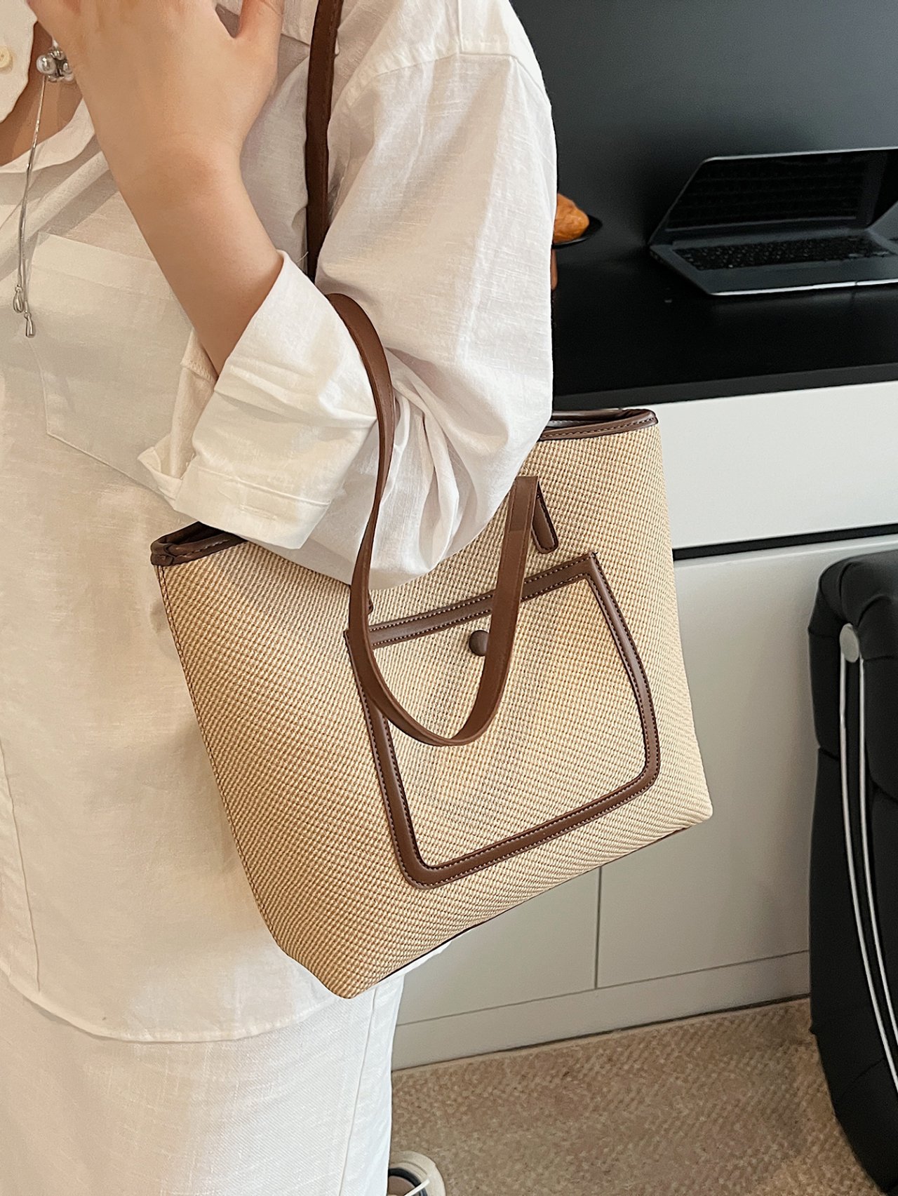 Woven Shoulder Bag with Brown Leather Accents