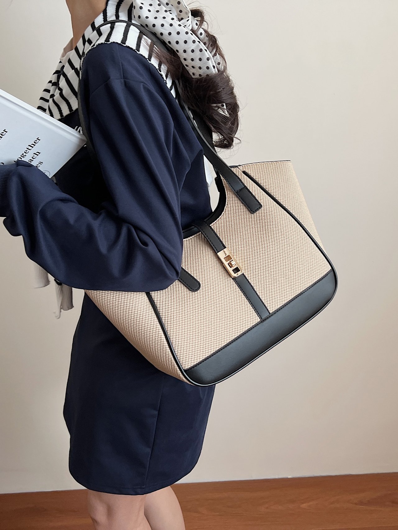 Beige Woven Shoulder Bag With Black Faux Leather Trims