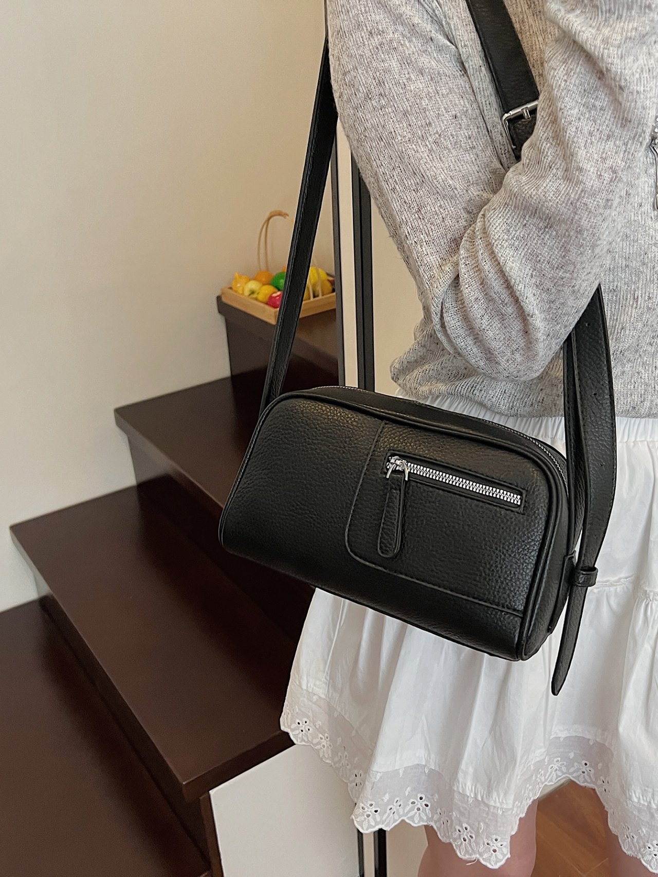 Black Crossbody Bag with Front Zip Pocket