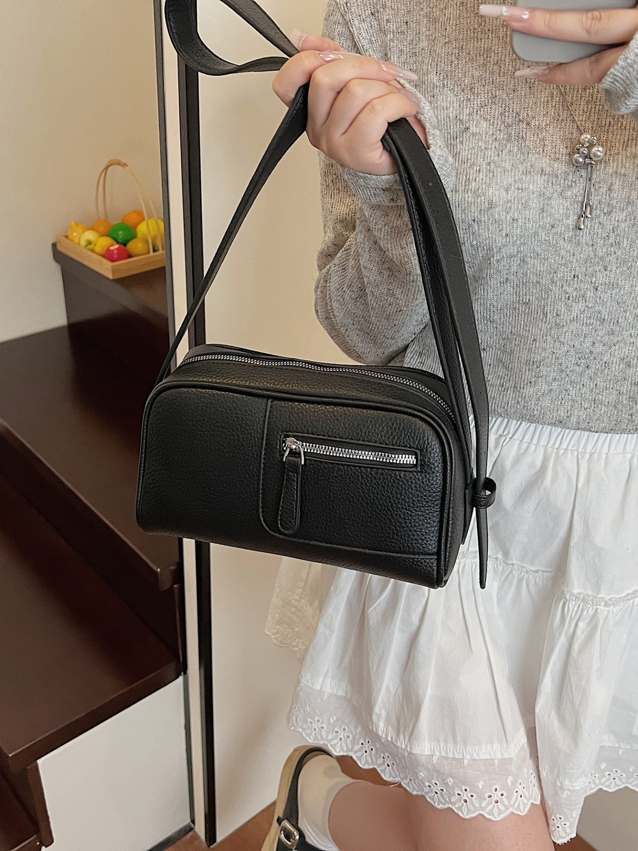 Black Crossbody Bag with Front Zip Pocket