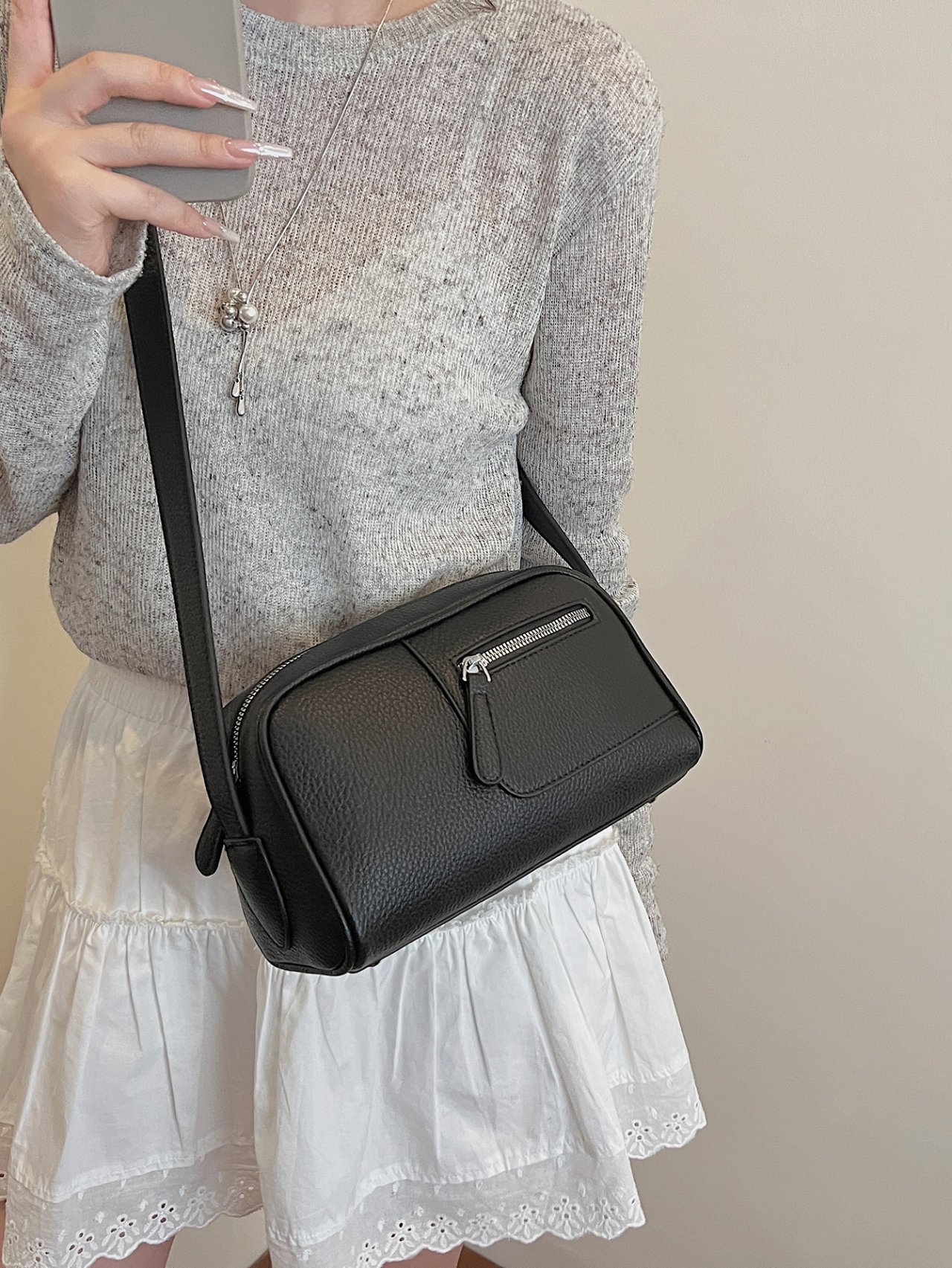 Black Crossbody Bag with Front Zip Pocket