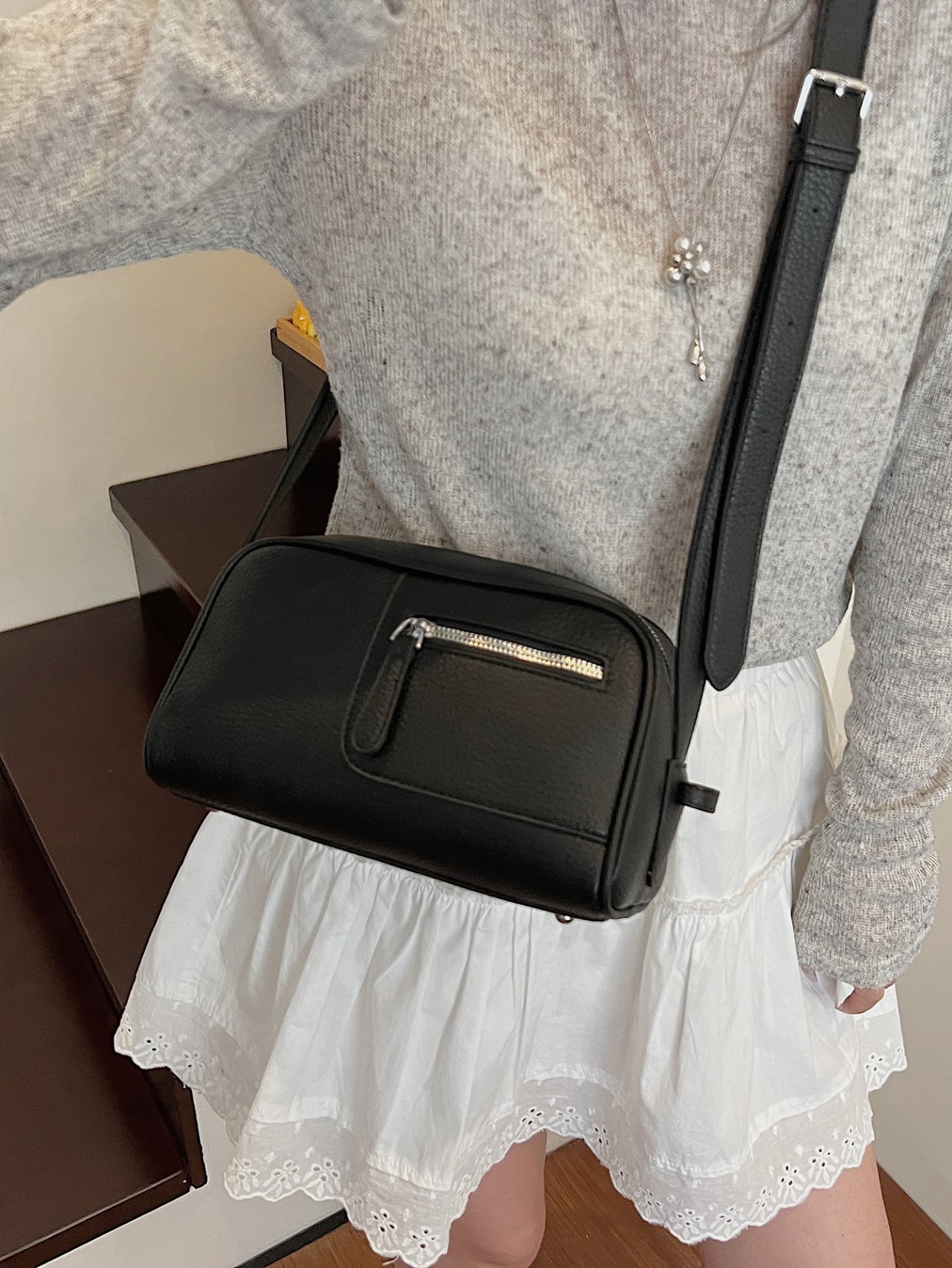 Black Crossbody Bag with Front Zip Pocket