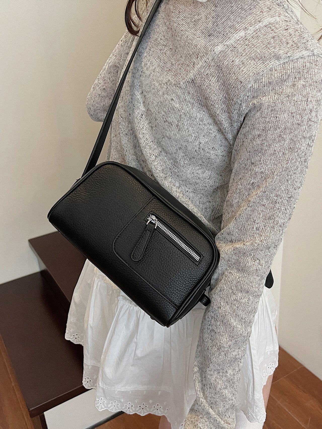 Black Crossbody Bag with Front Zip Pocket