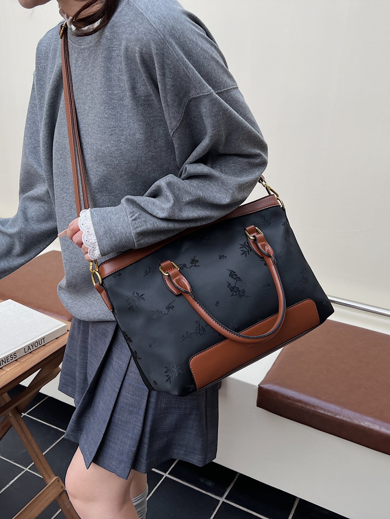 Brown Trim Floral Crossbody Bag