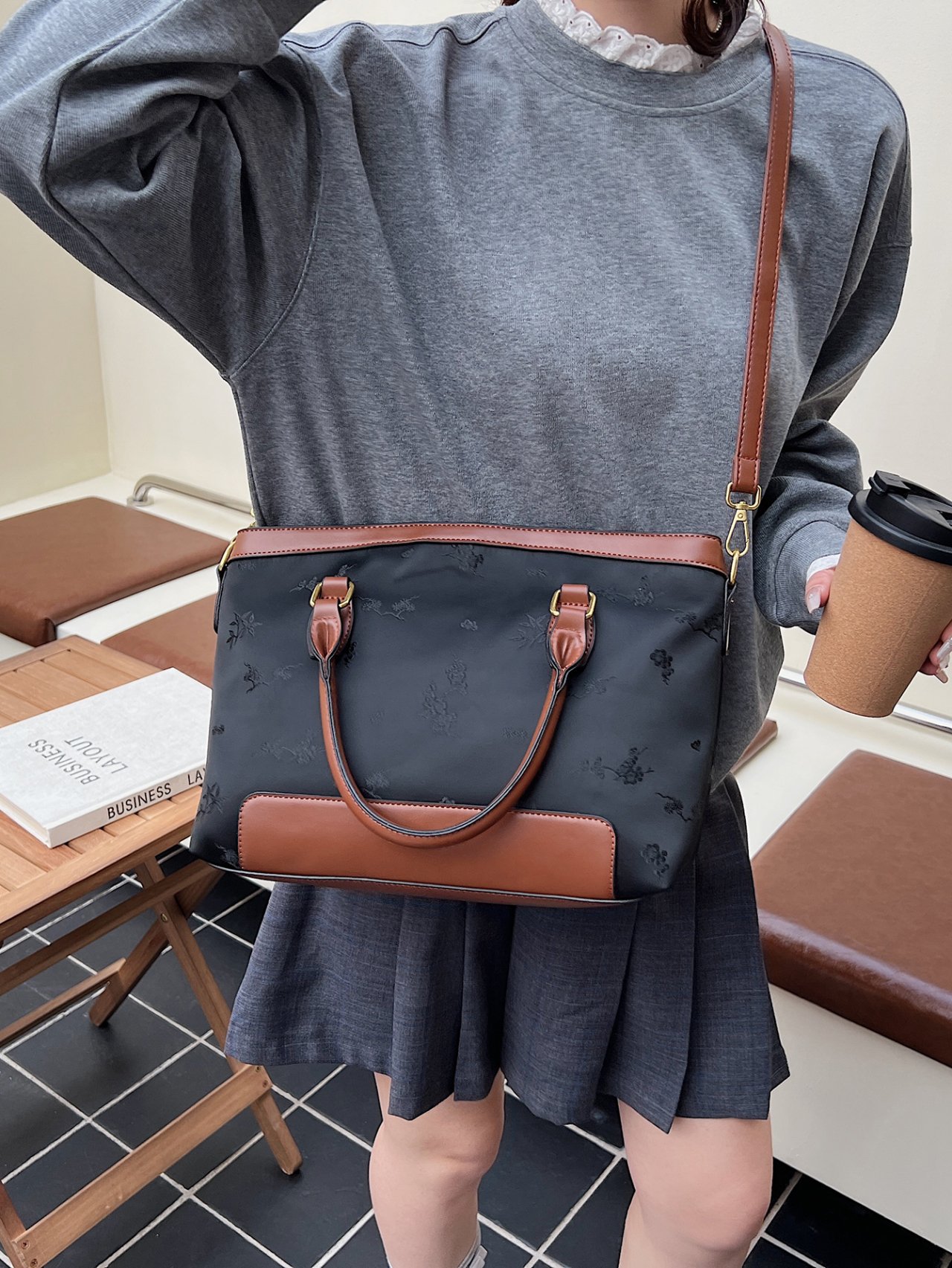 Brown Trim Floral Crossbody Bag