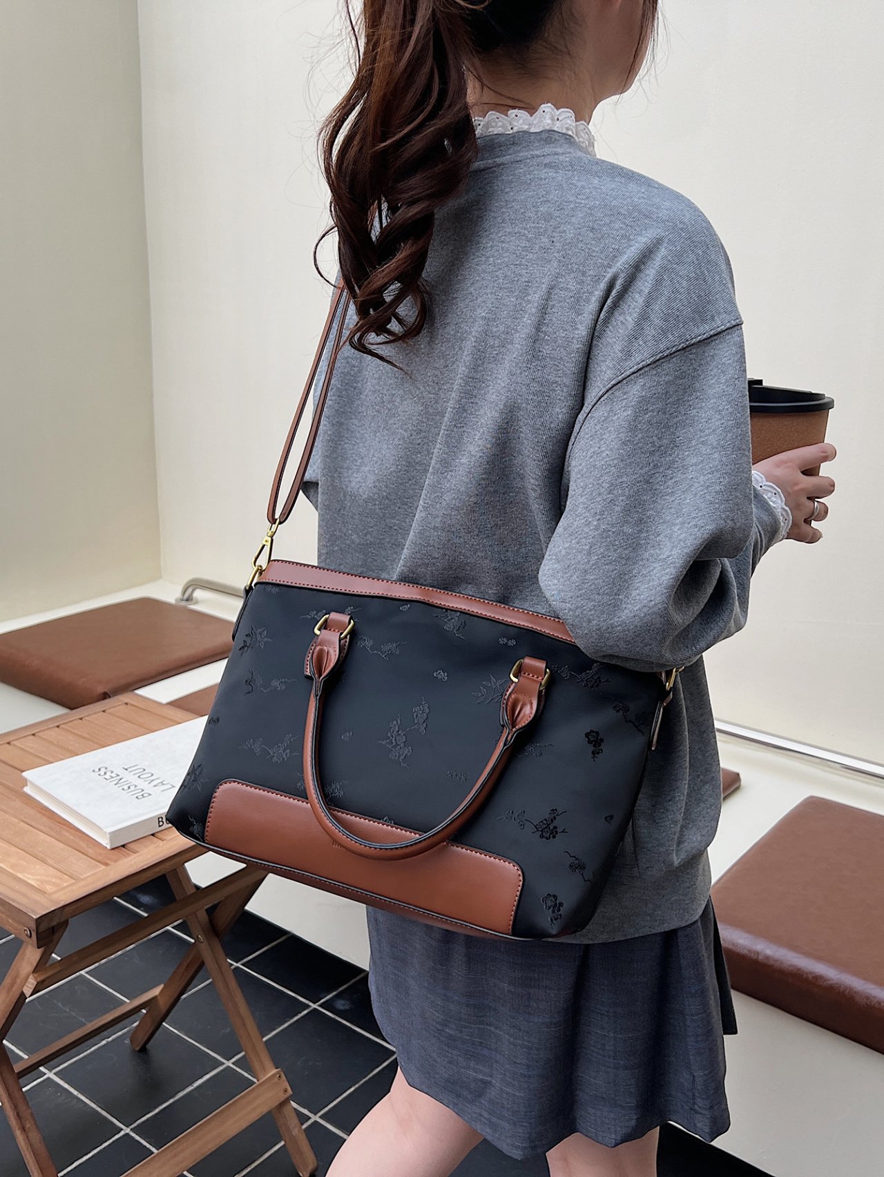 Brown Trim Floral Crossbody Bag