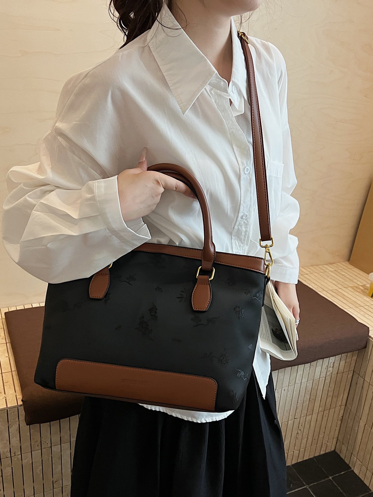 Brown Trim Floral Crossbody Bag