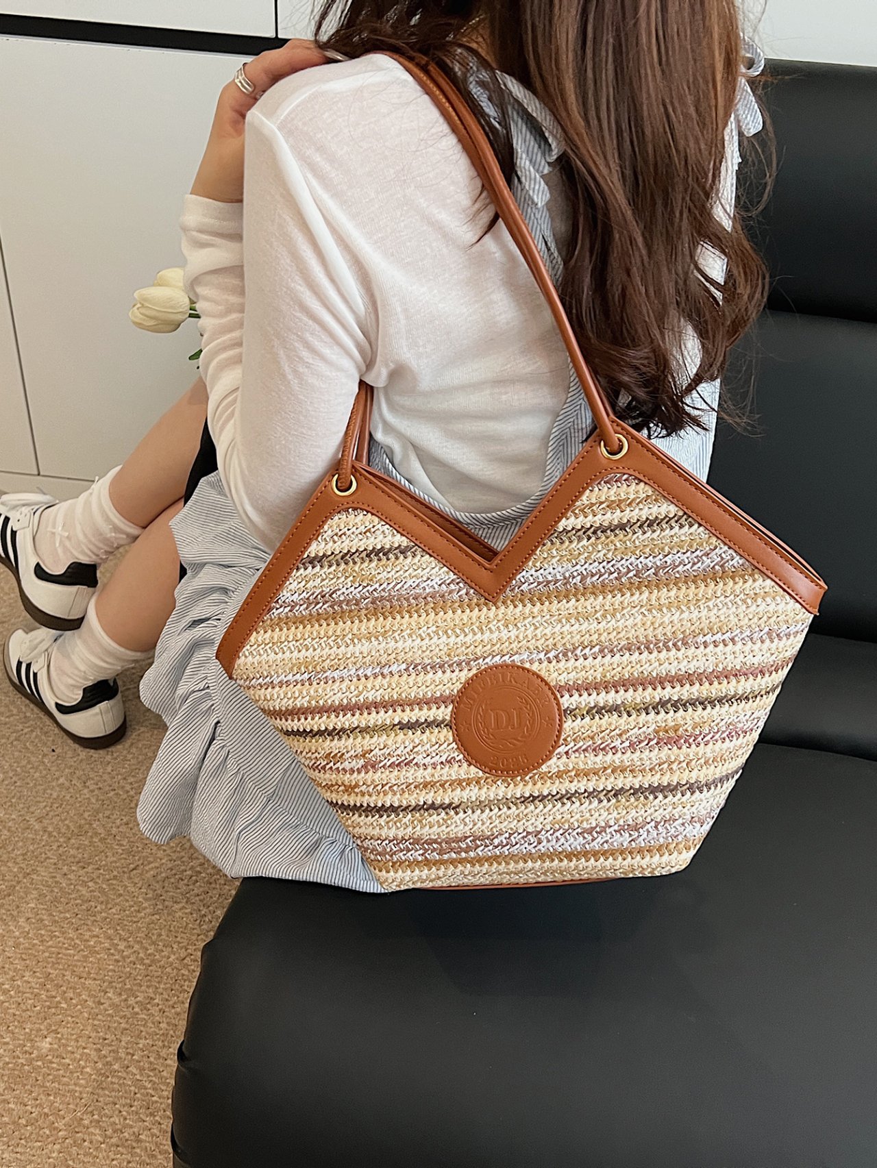 Multi-Color Woven Straw Tote Bag