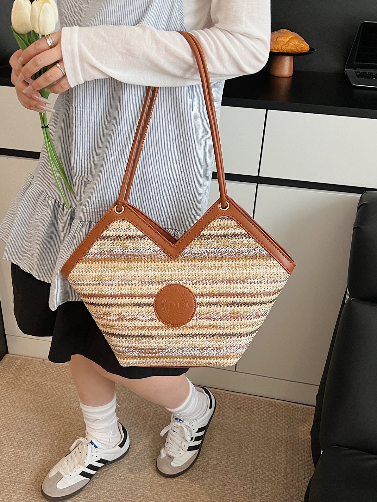 Multi-Color Woven Straw Tote Bag