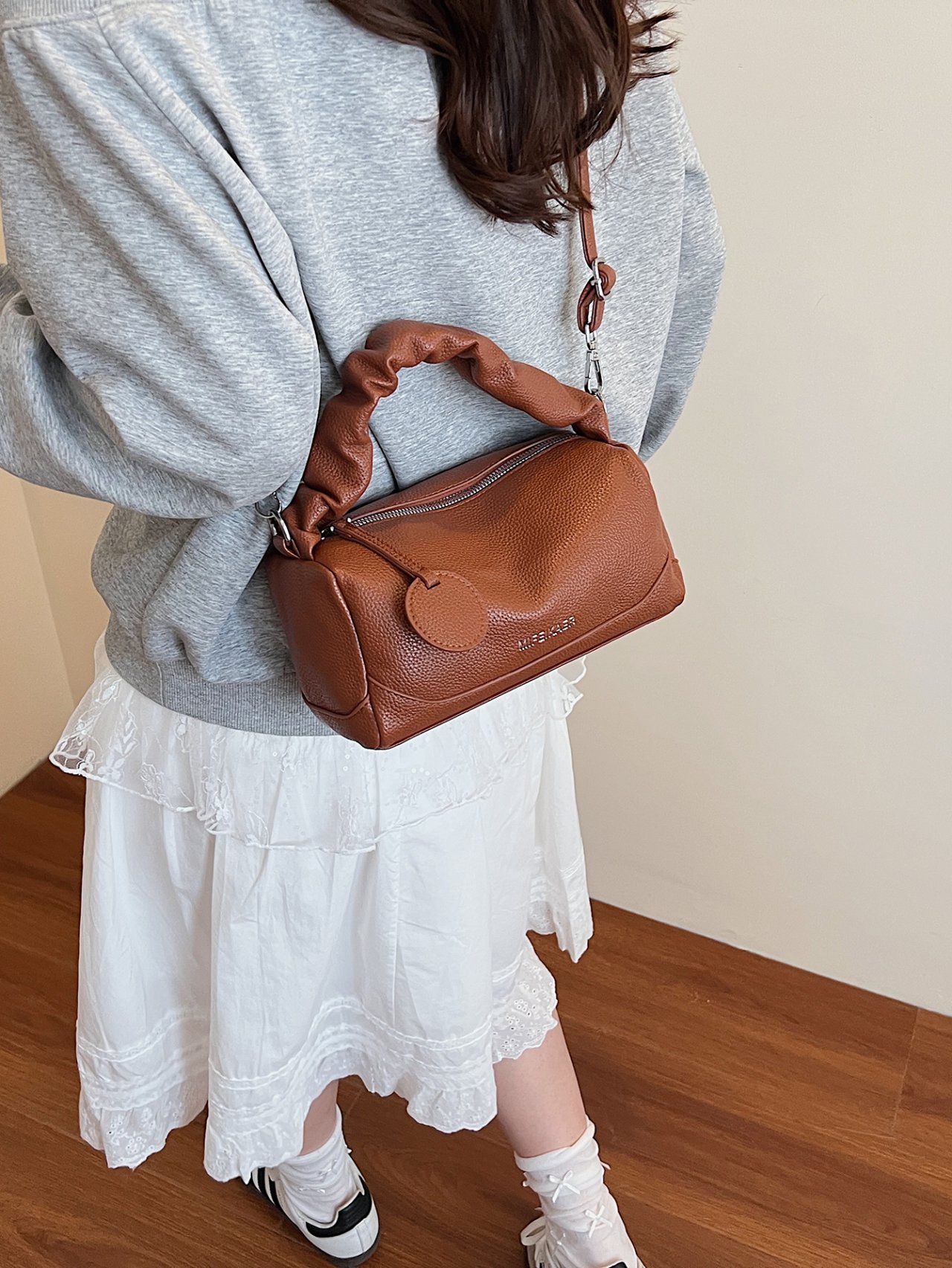 Brown Grained Faux Leather Crossbody Bag