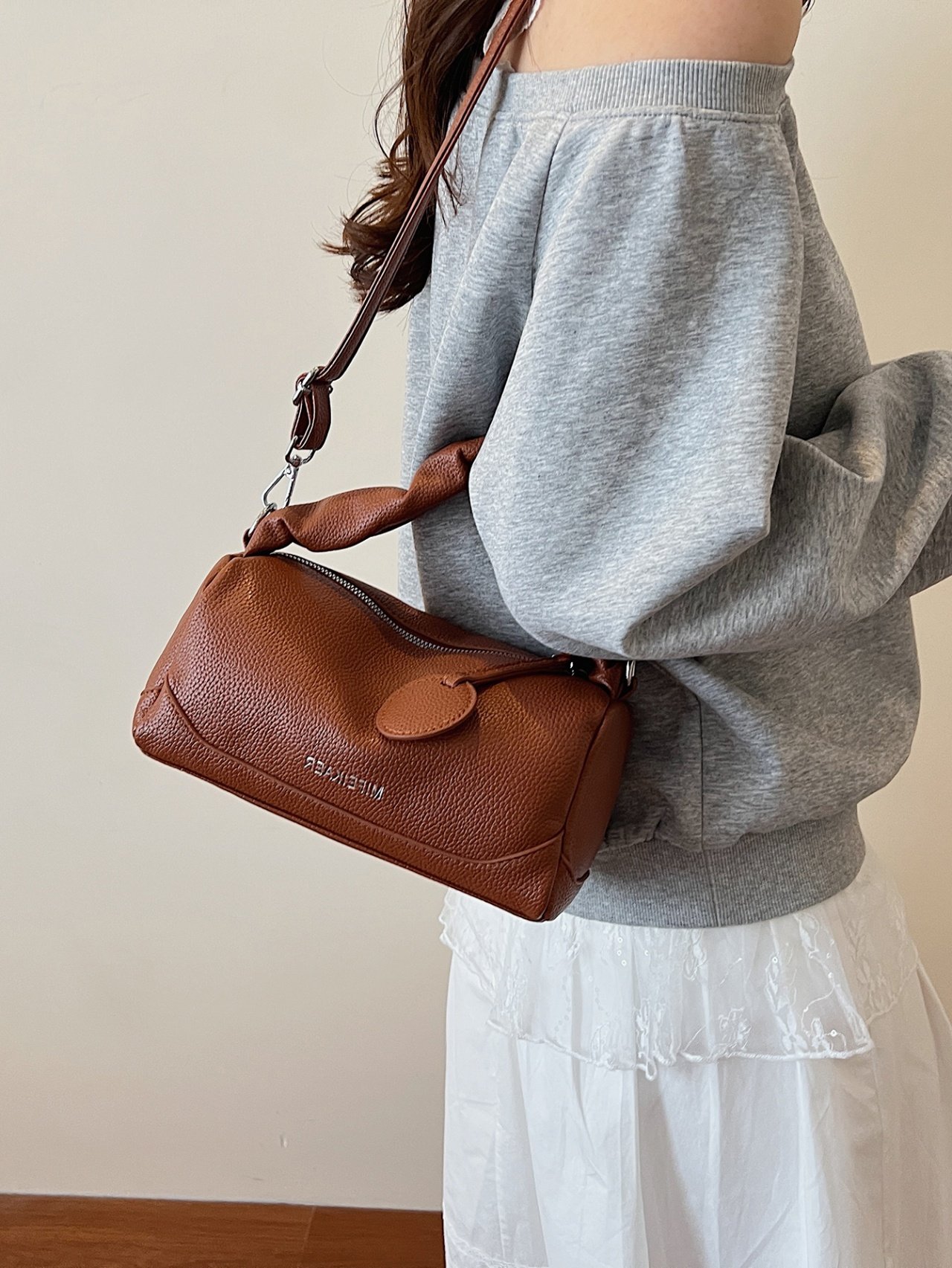 Brown Grained Faux Leather Crossbody Bag