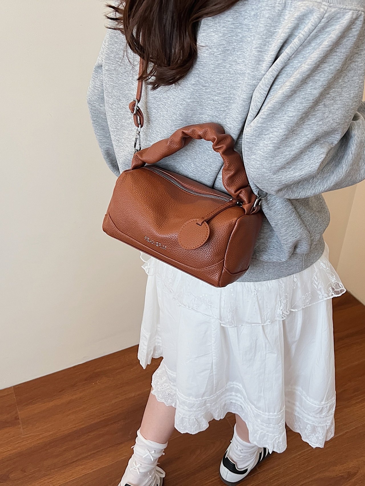 Brown Grained Faux Leather Crossbody Bag