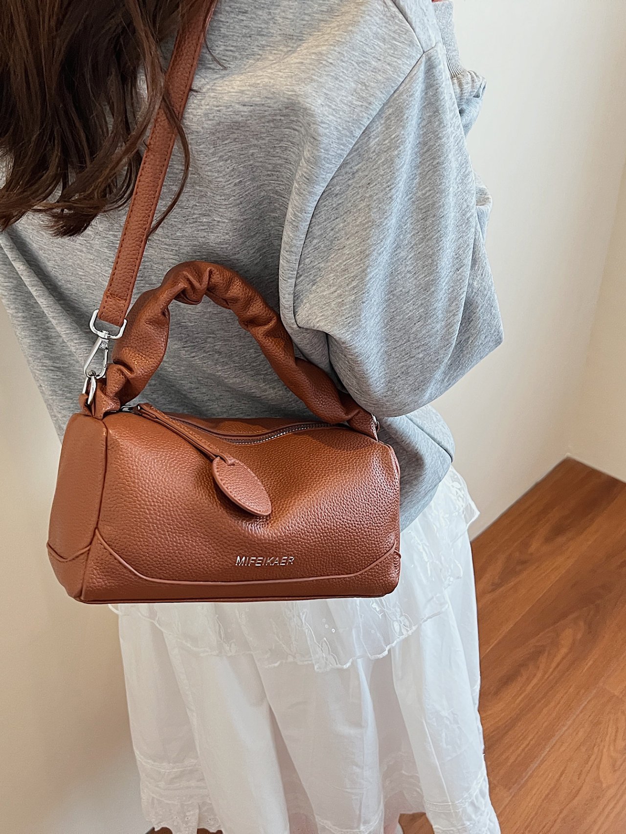 Brown Grained Faux Leather Crossbody Bag
