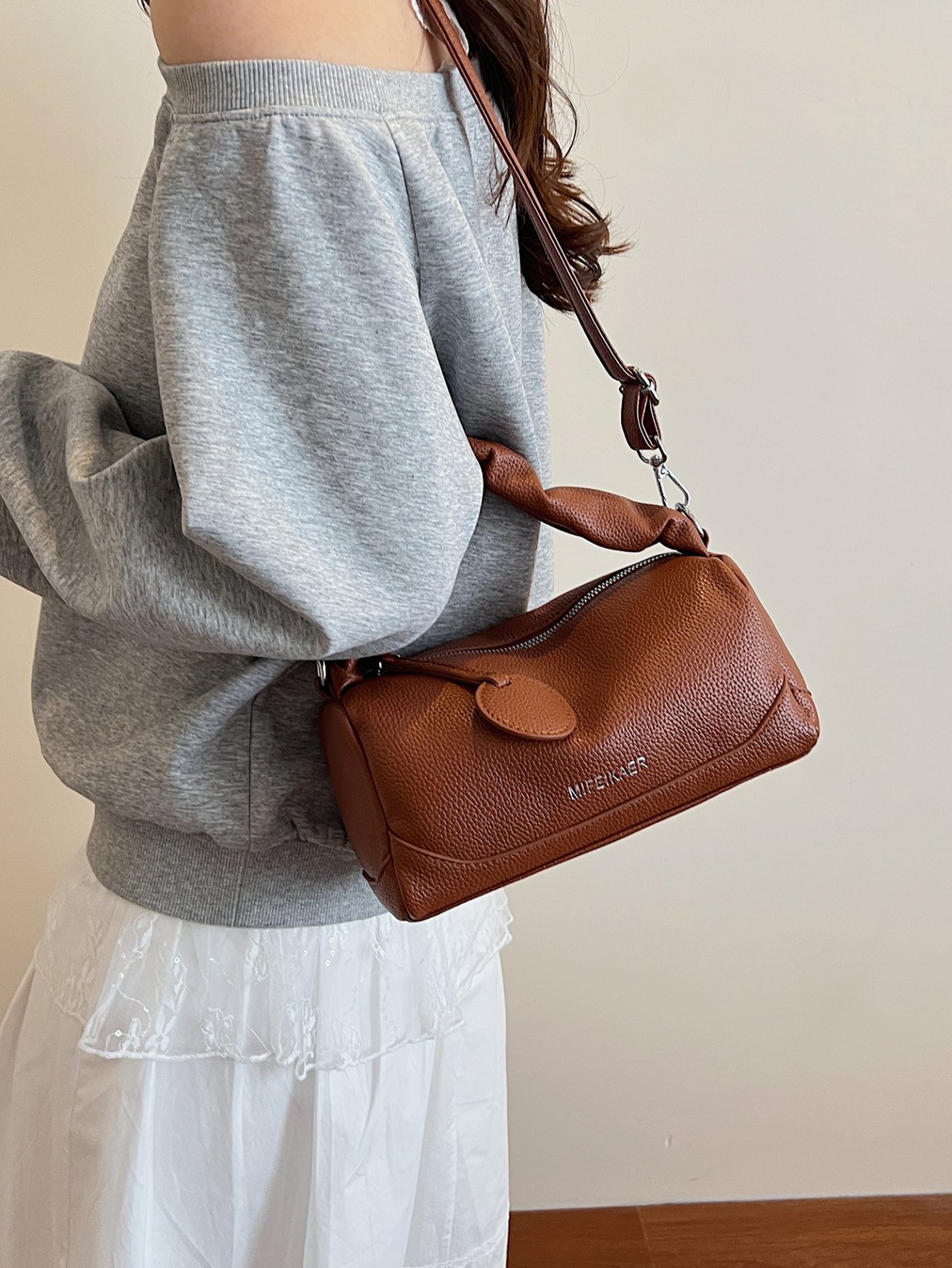 Brown Grained Faux Leather Crossbody Bag