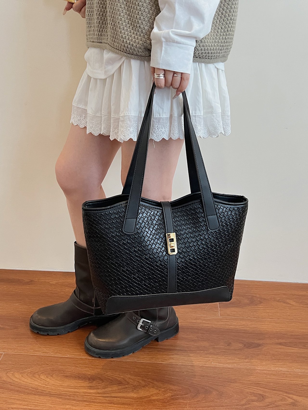 Black Woven Shoulder Bag with Gold Buckle Detail