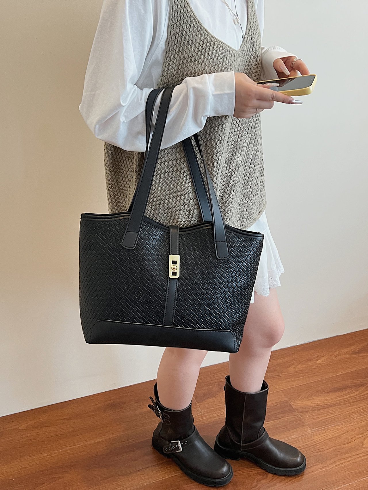 Black Woven Shoulder Bag with Gold Buckle Detail