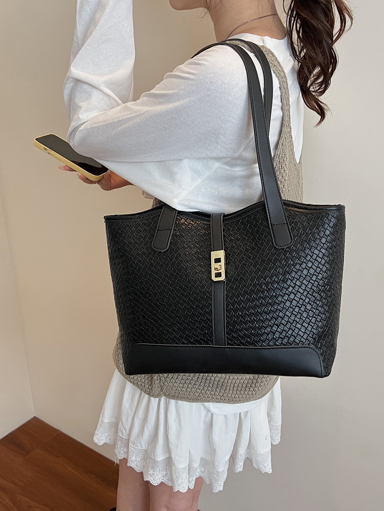 Black Woven Shoulder Bag with Gold Buckle Detail