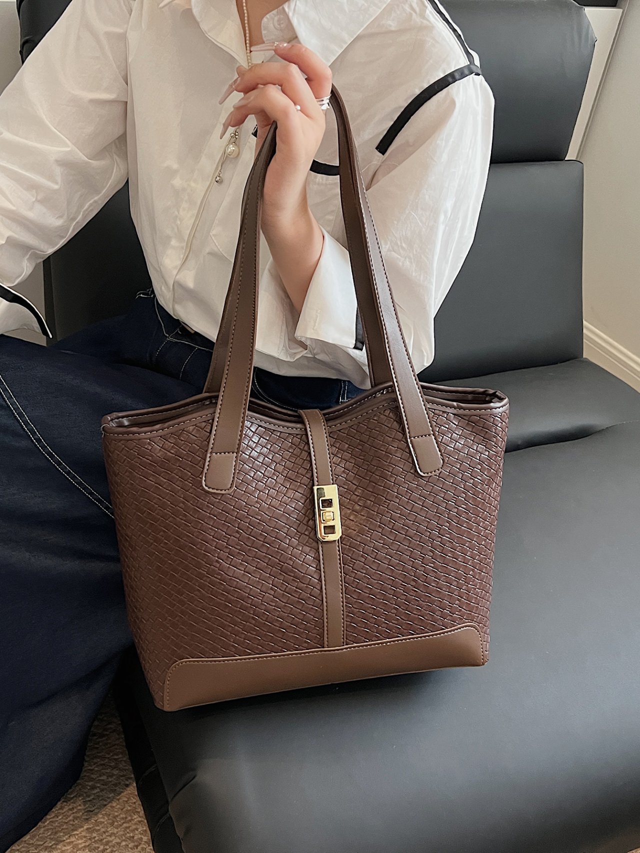 Coffee Brown Woven Shoulder Bag