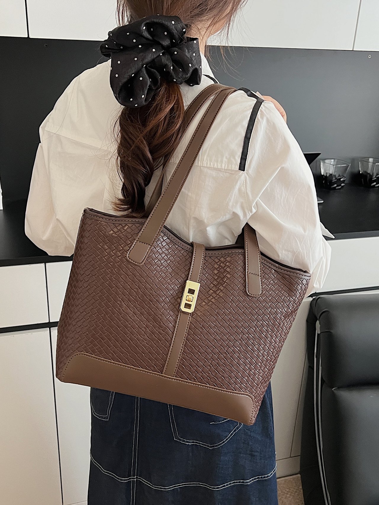 Coffee Brown Woven Shoulder Bag
