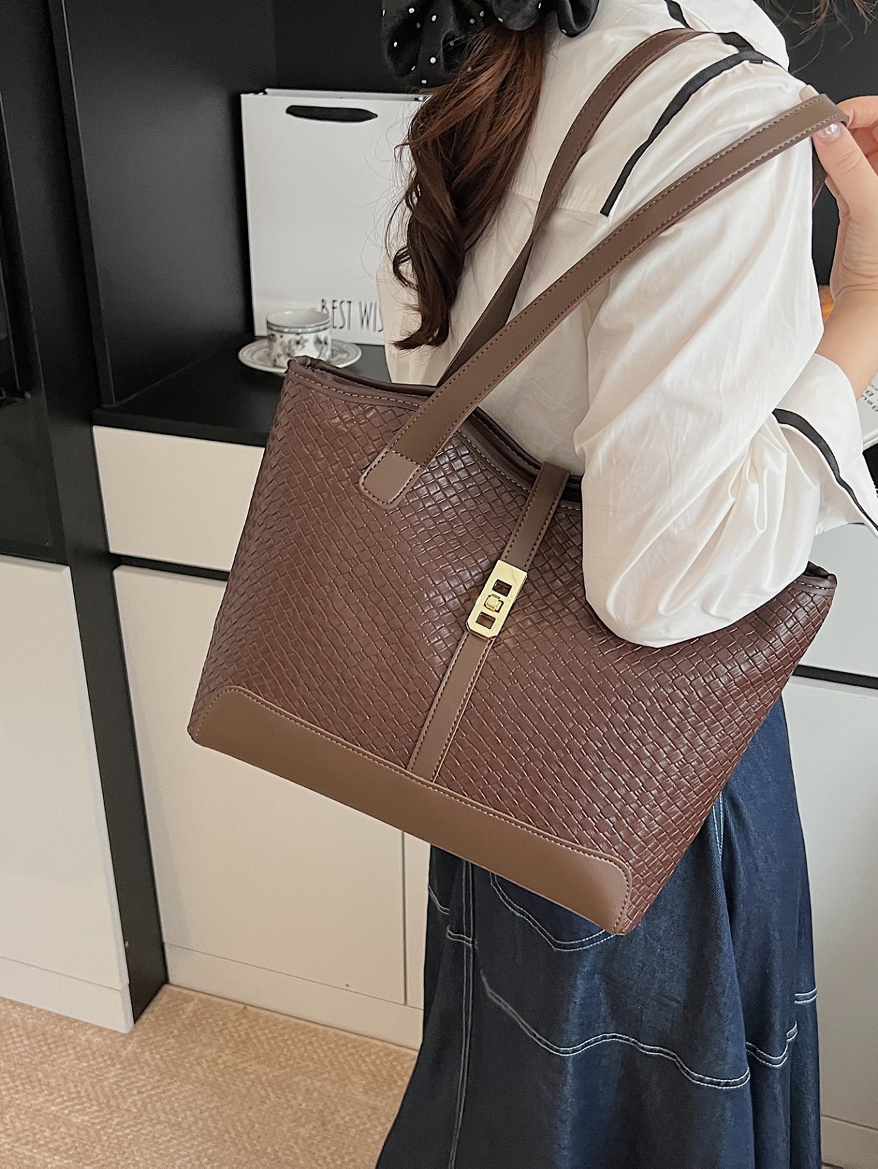 Coffee Brown Woven Shoulder Bag