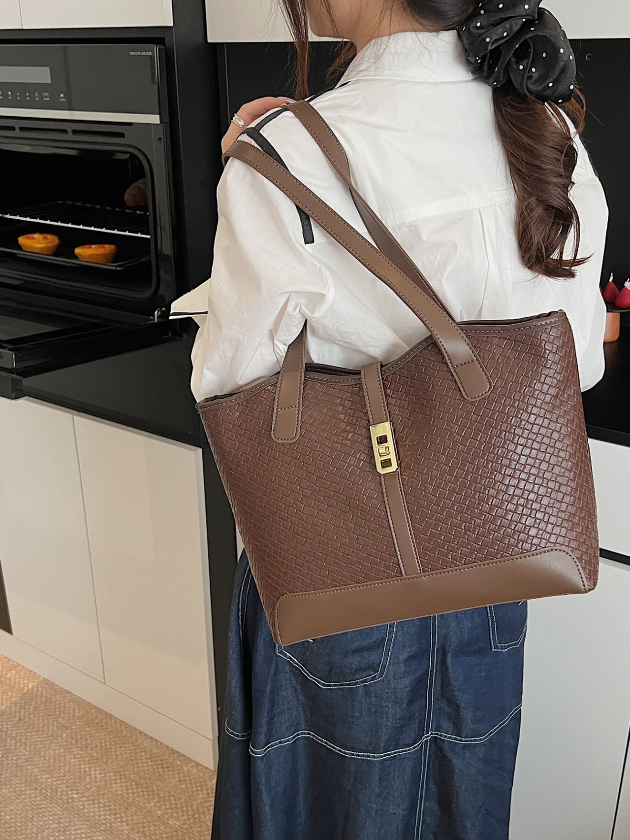 Coffee Brown Woven Shoulder Bag