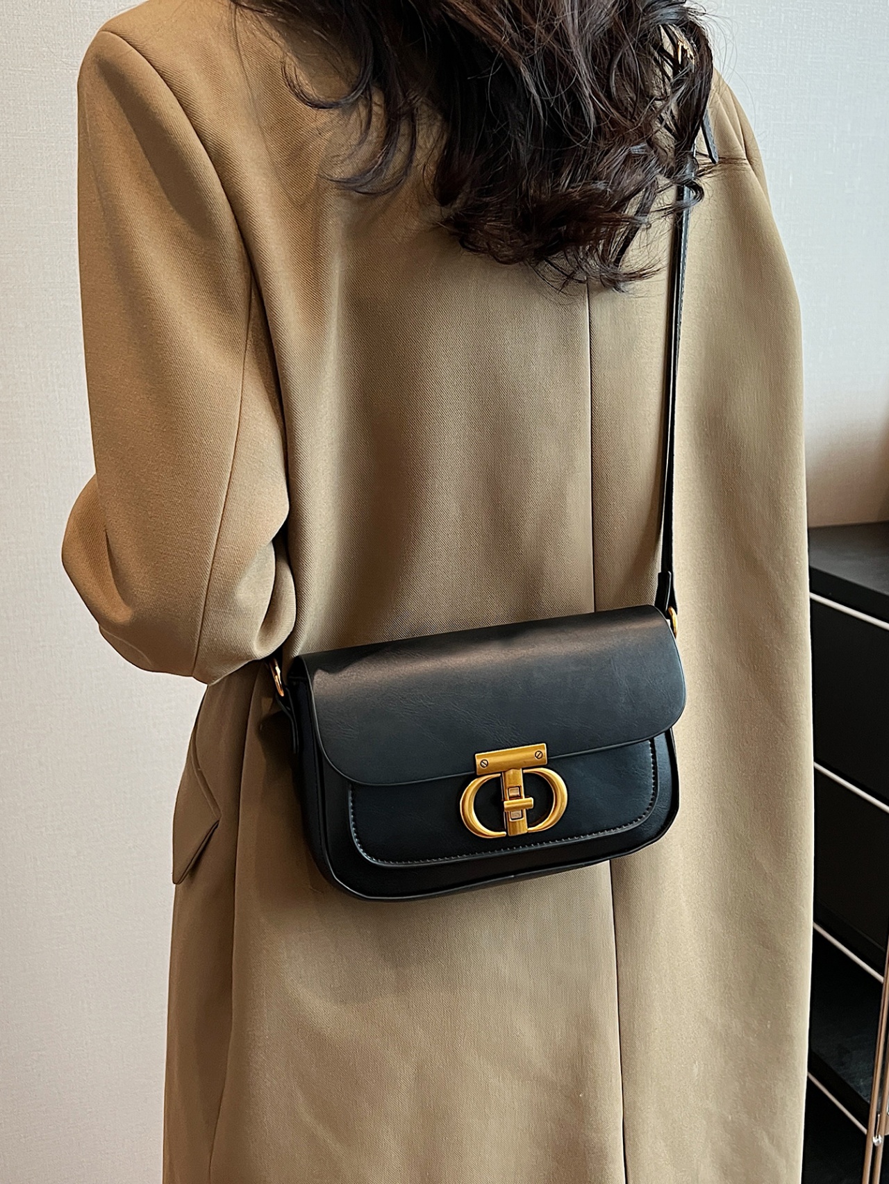 Black Crossbody Bag with Gold Hardware