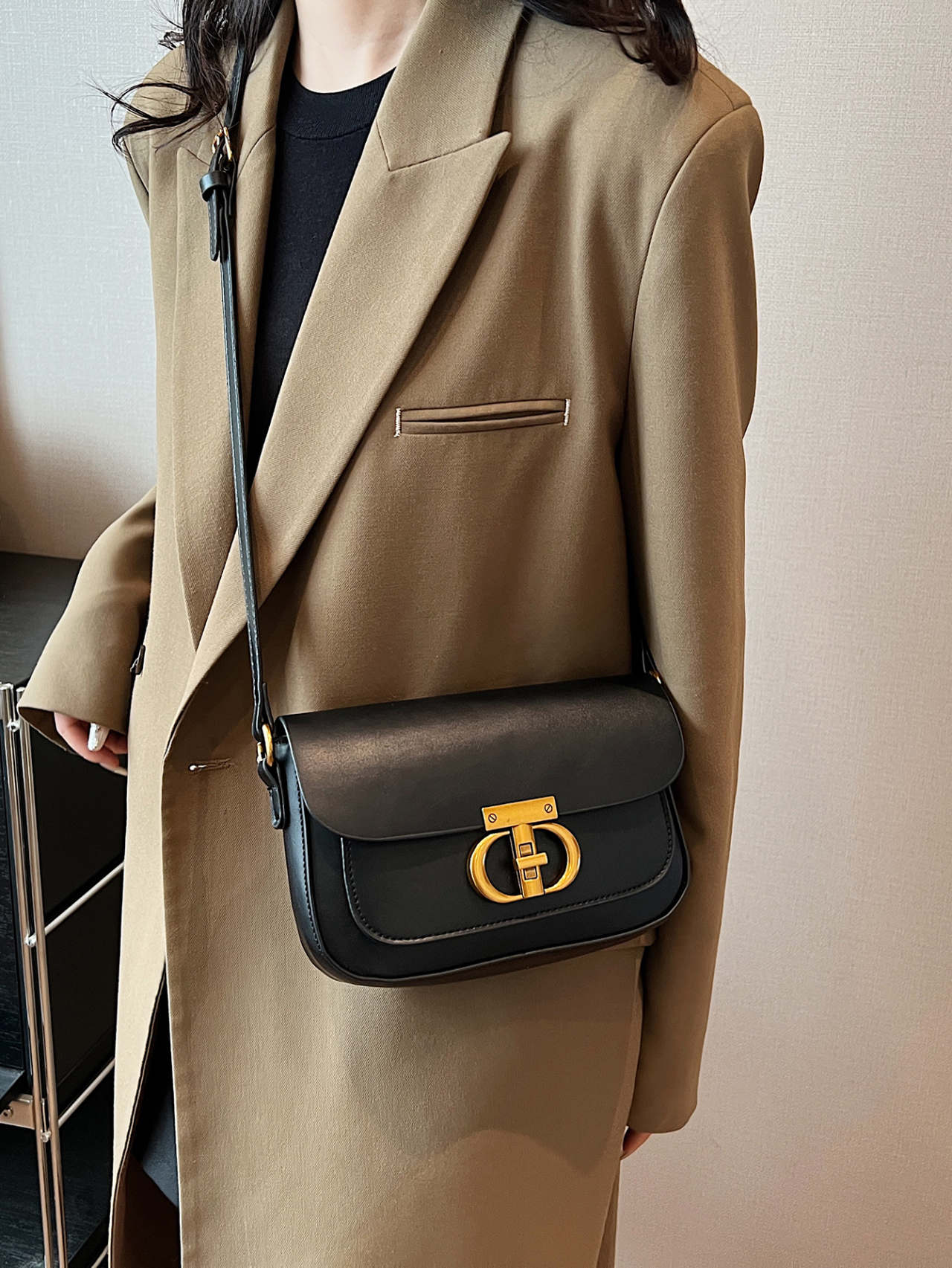 Black Crossbody Bag with Gold Hardware