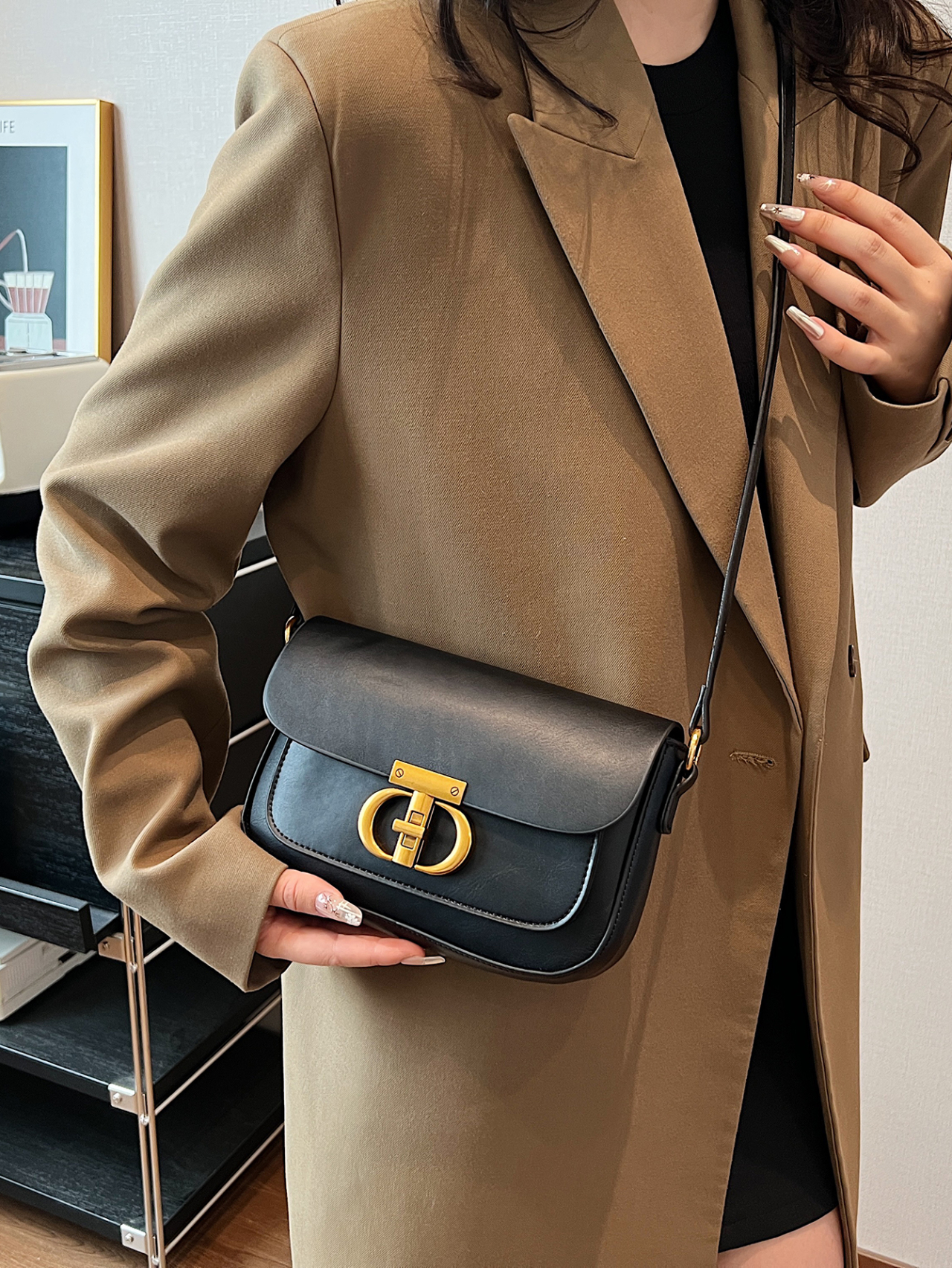 Black Crossbody Bag with Gold Hardware