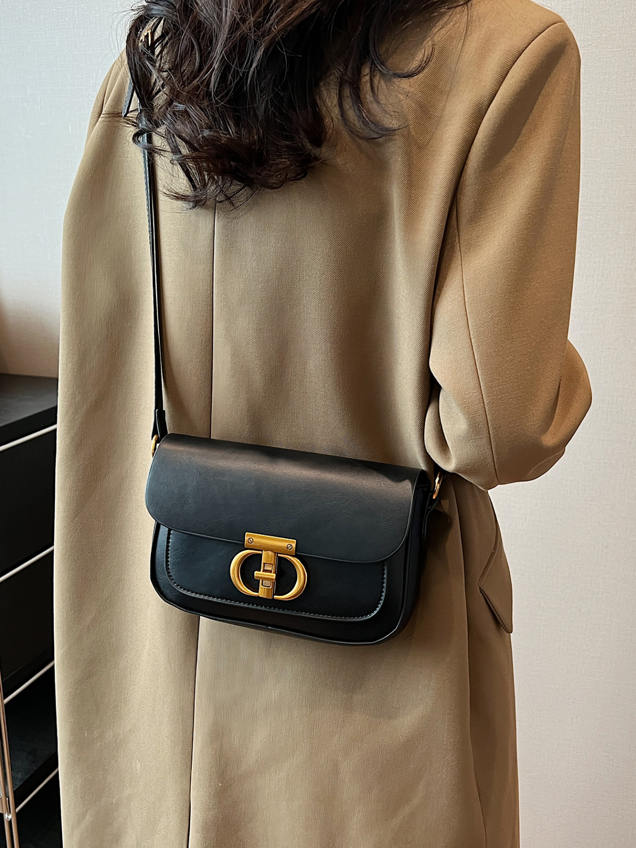 Black Crossbody Bag with Gold Hardware