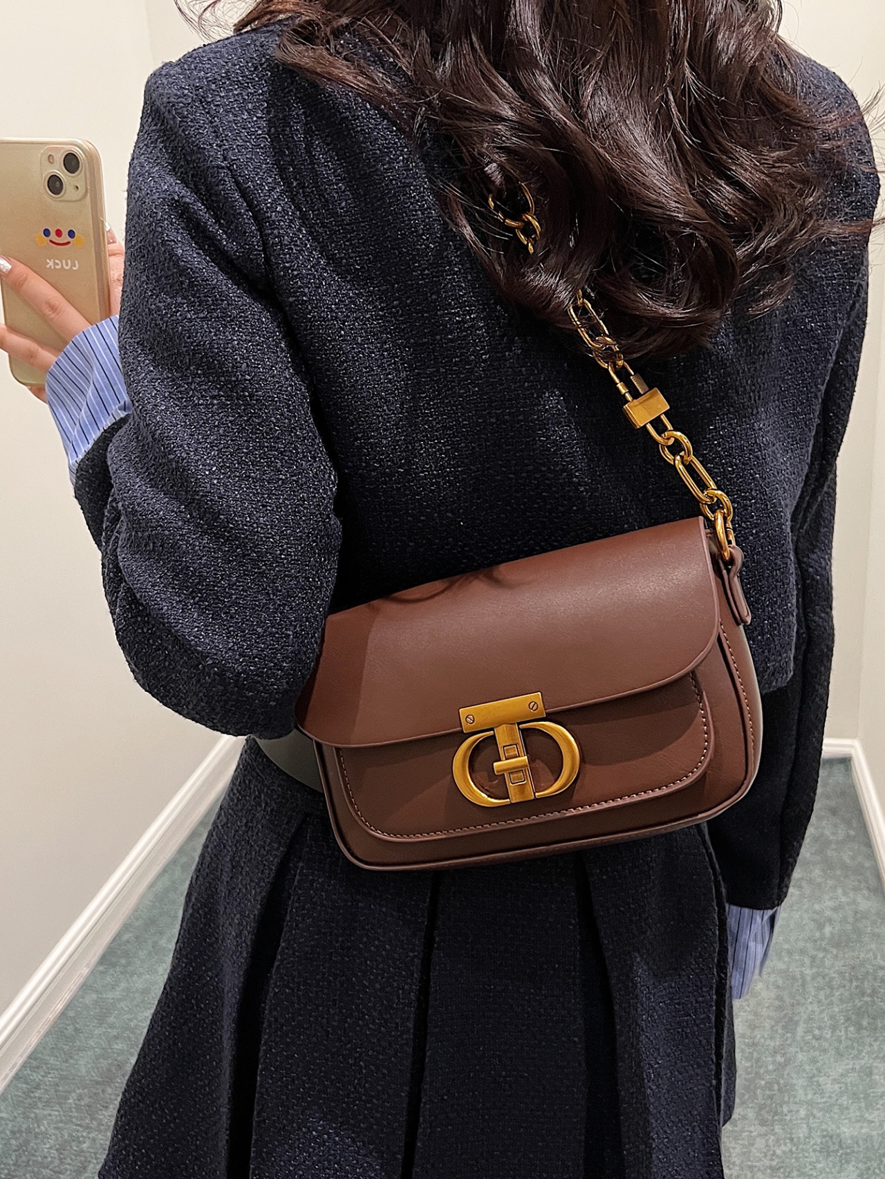 Brown Leather Crossbody Bag with Gold Chain