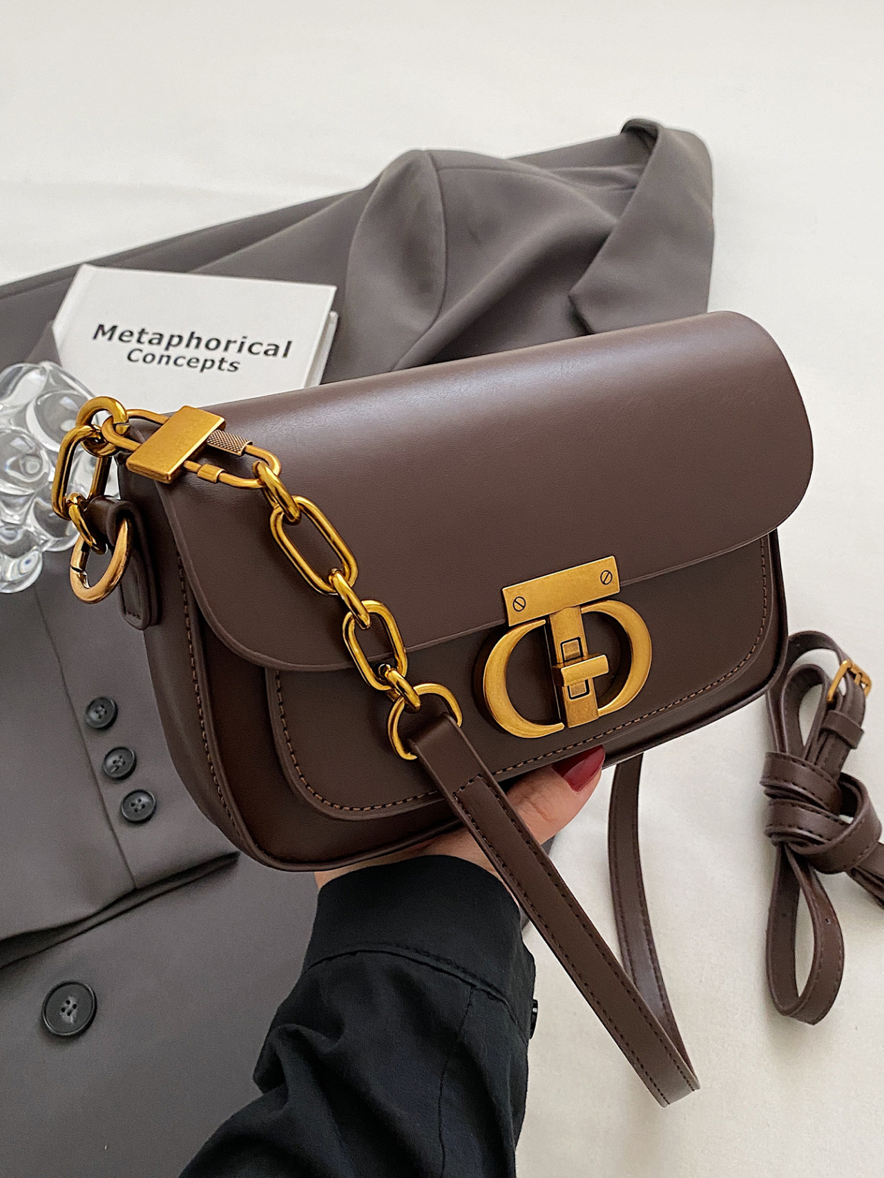 Brown Leather Crossbody Bag with Gold Chain