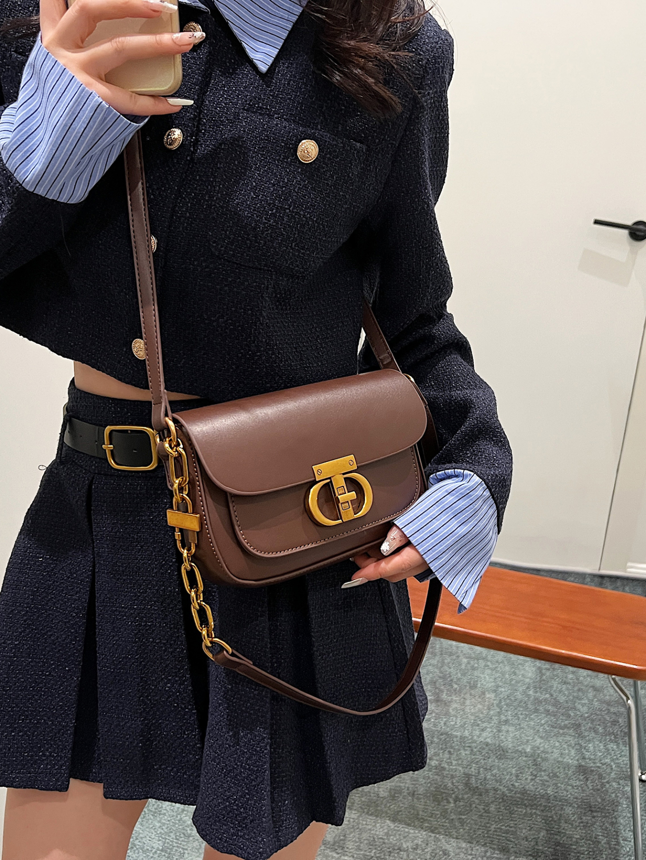 Brown Leather Crossbody Bag with Gold Chain
