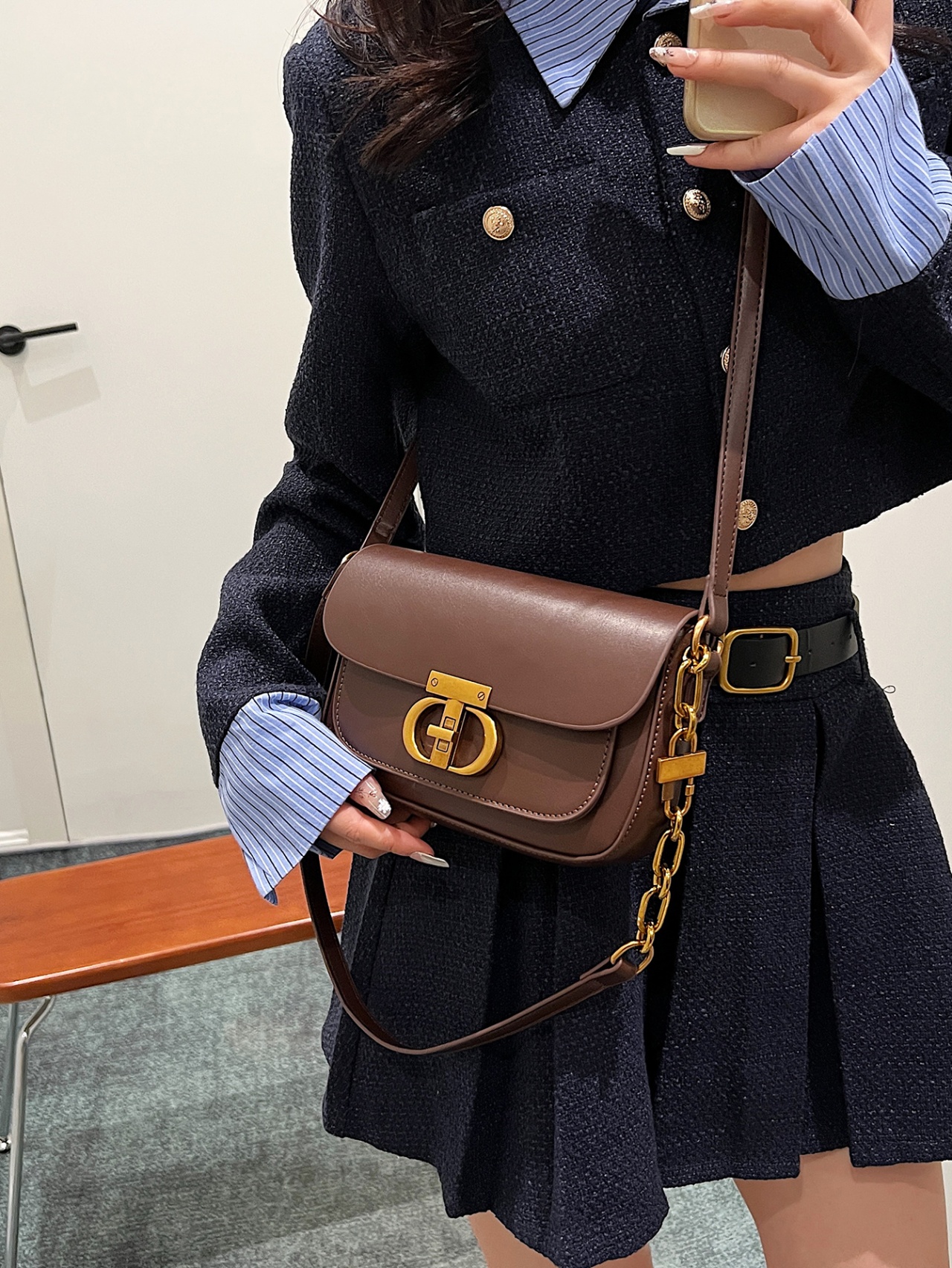 Brown Leather Crossbody Bag with Gold Chain