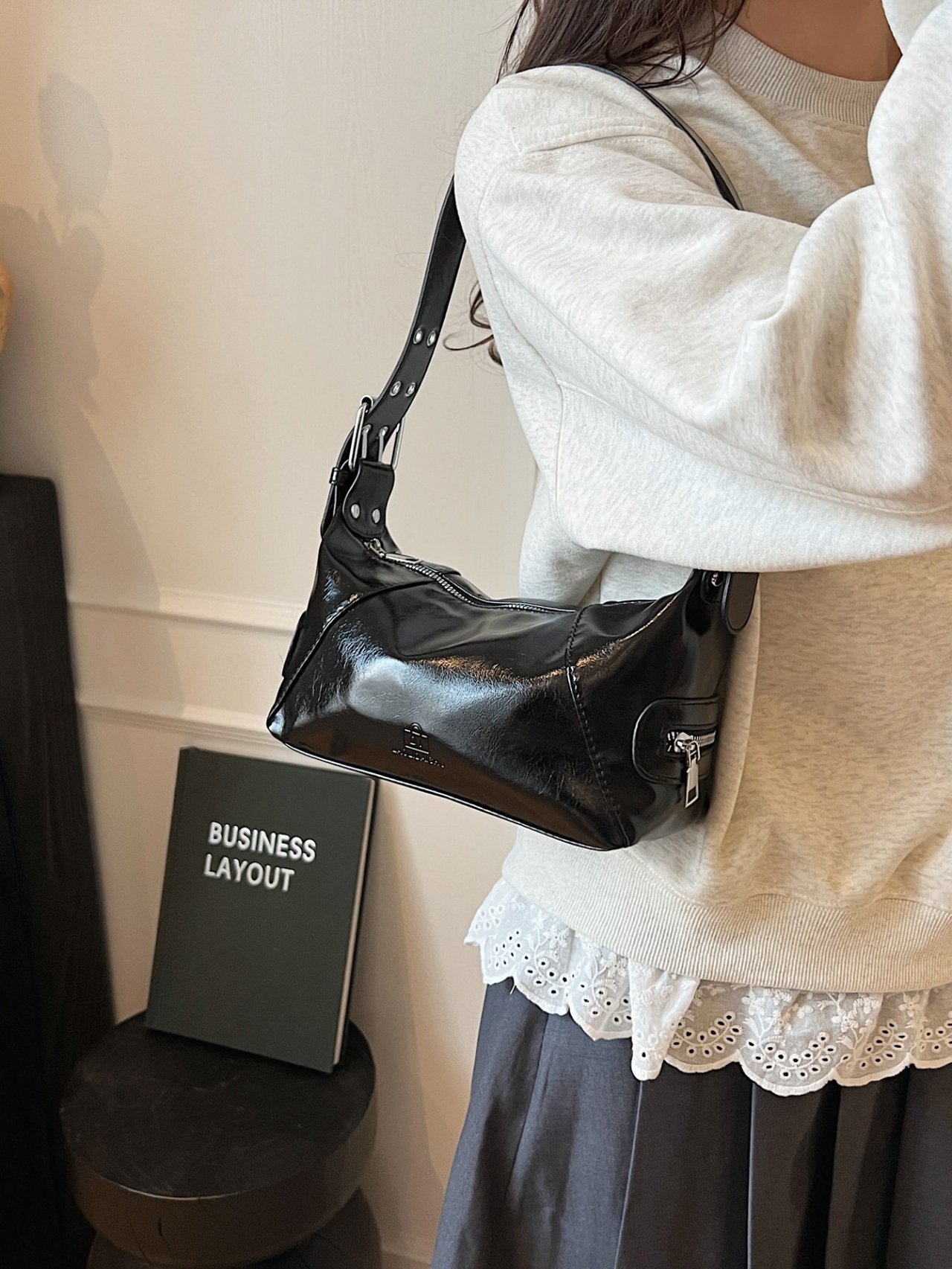 Black Patent Faux Leather Shoulder Bag