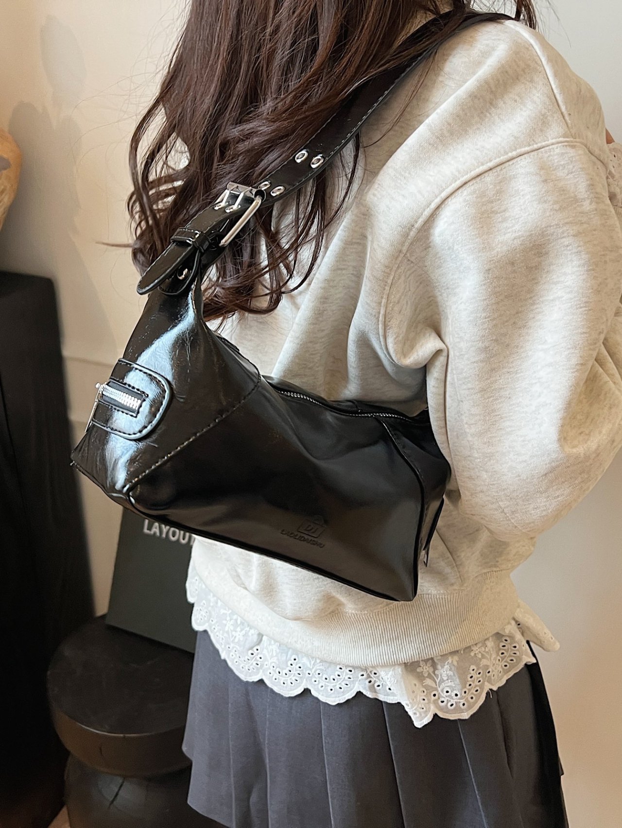 Black Patent Faux Leather Shoulder Bag
