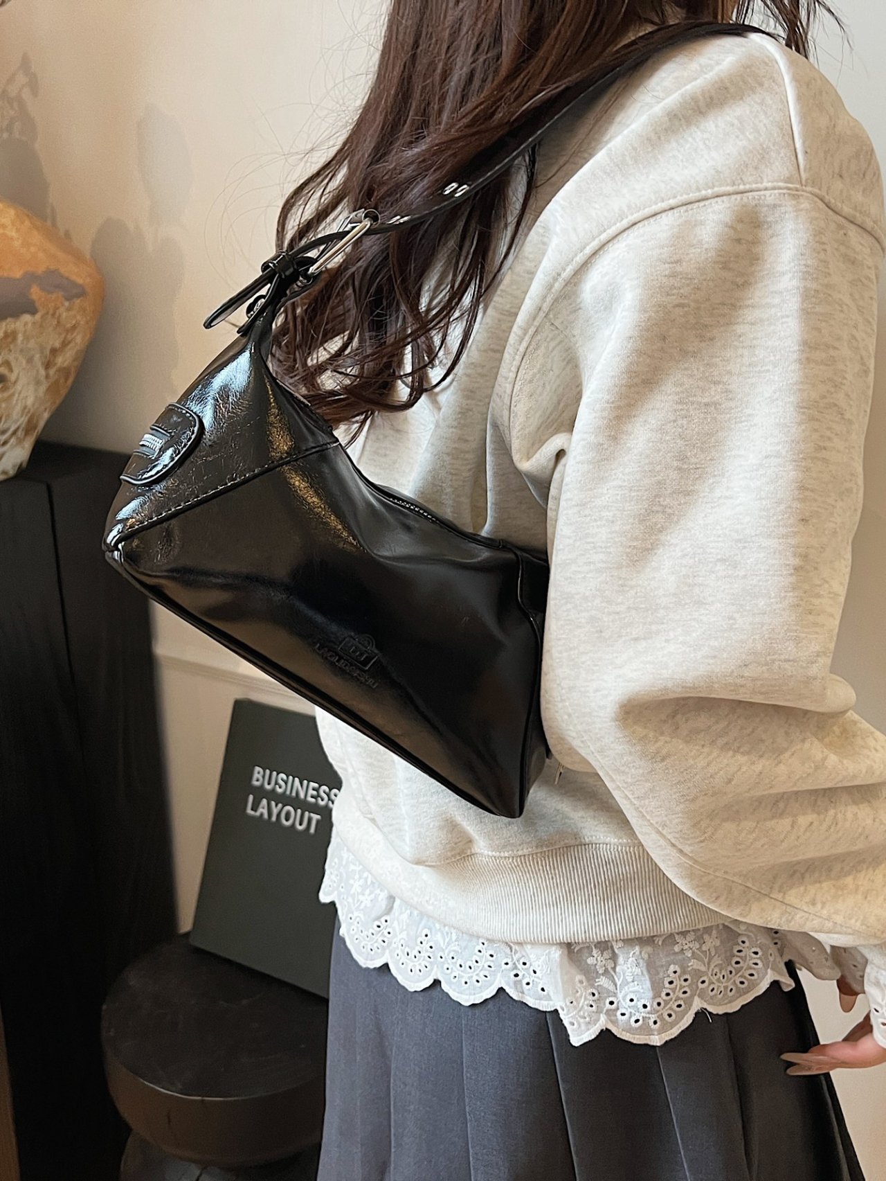 Black Patent Faux Leather Shoulder Bag
