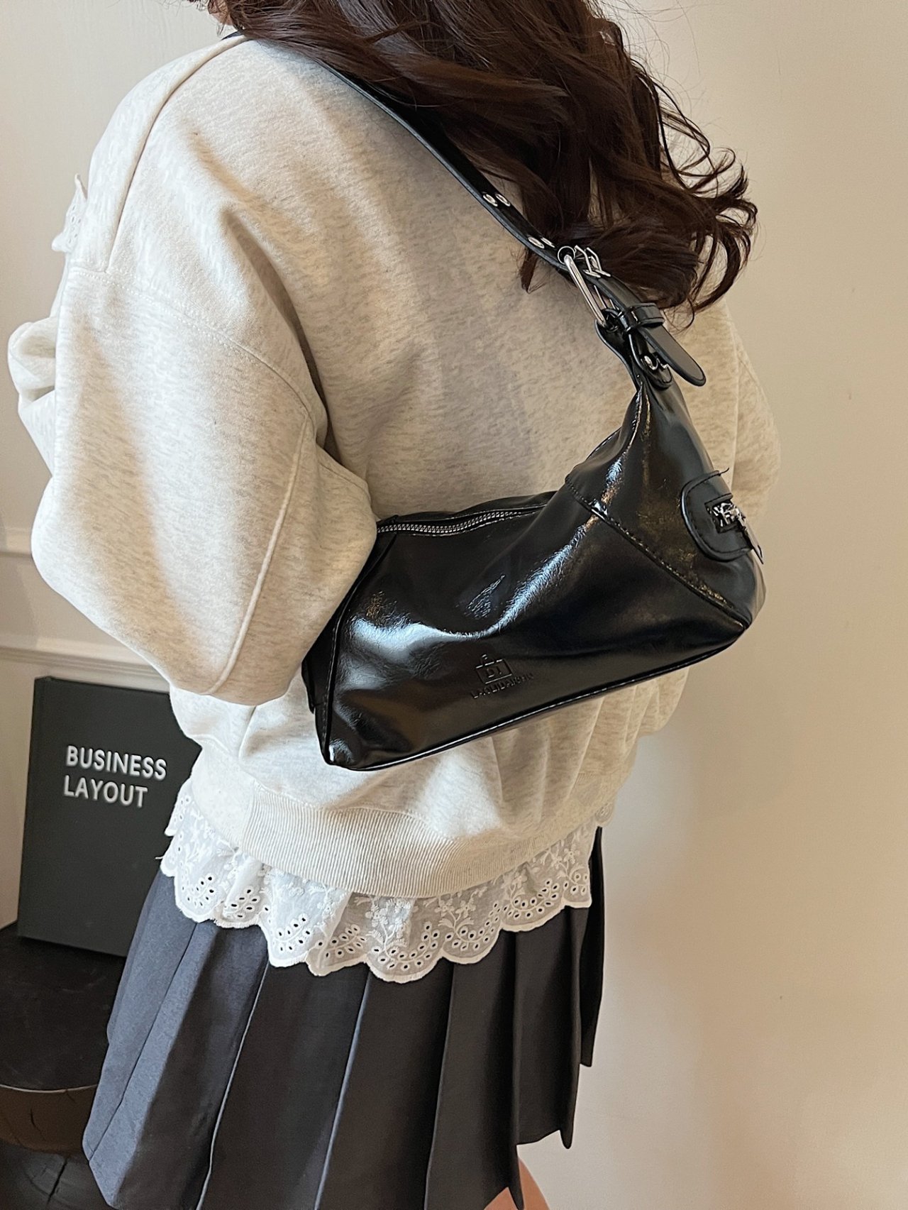 Black Patent Faux Leather Shoulder Bag