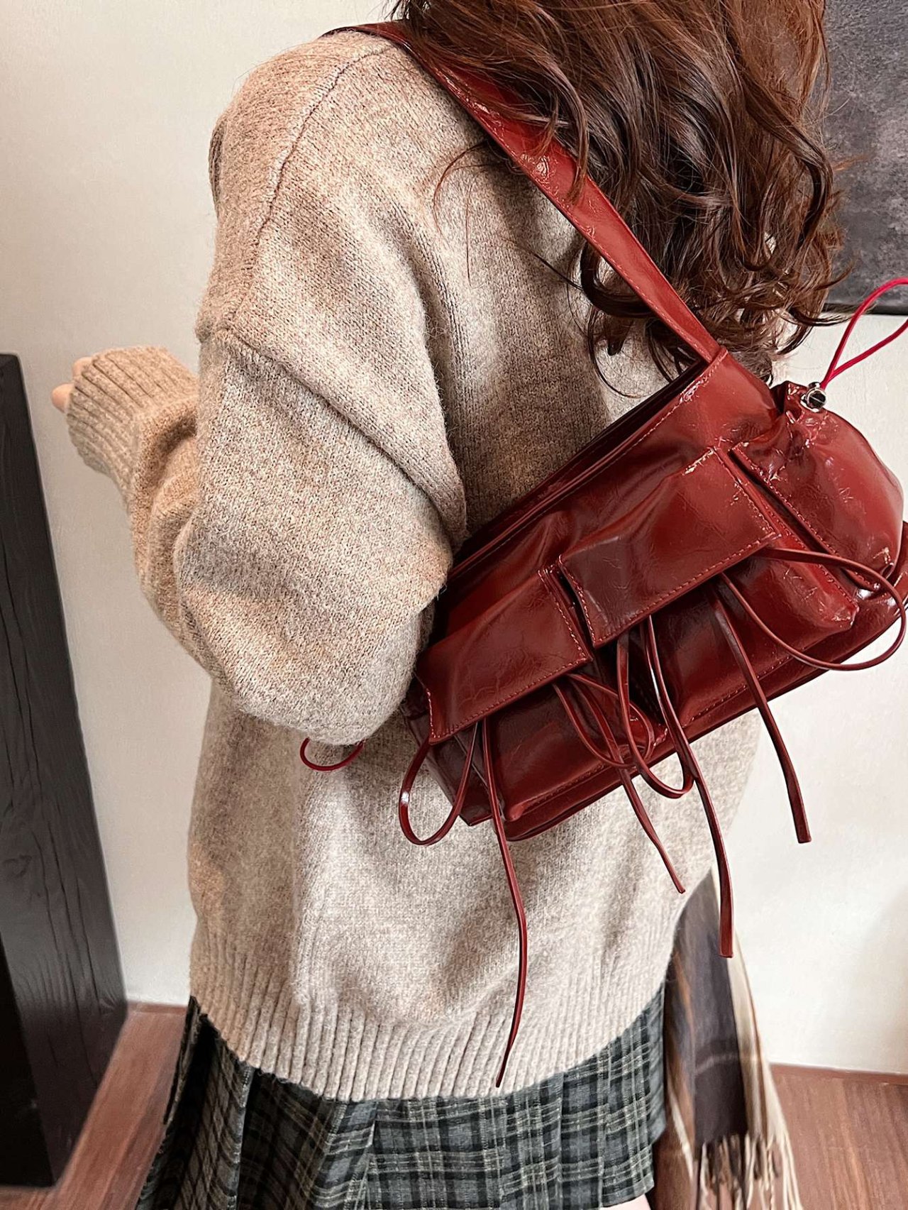 Burgundy Patent Faux Leather Shoulder Bag