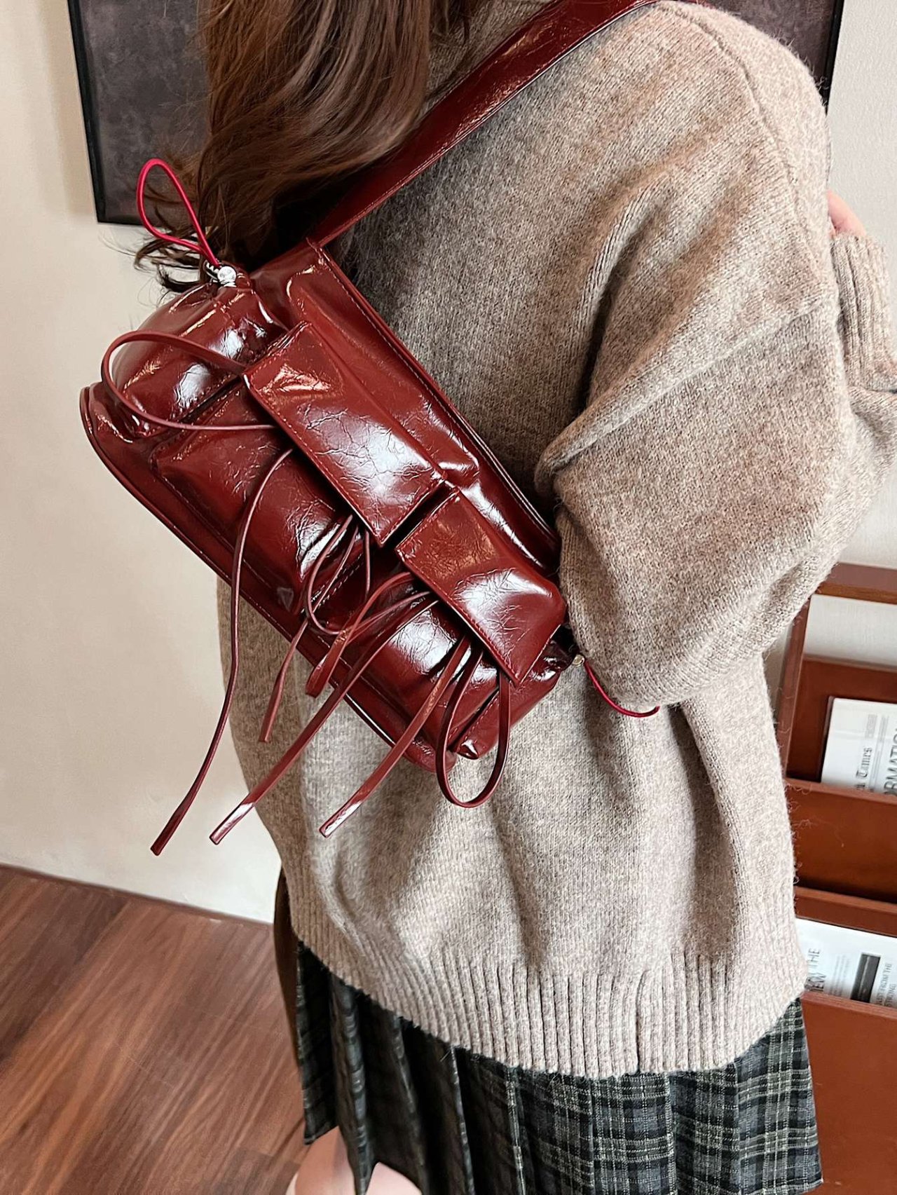 Burgundy Patent Faux Leather Shoulder Bag