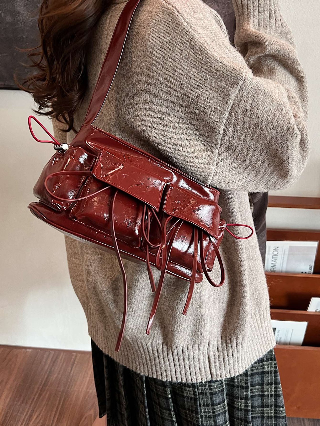 Burgundy Patent Faux Leather Shoulder Bag