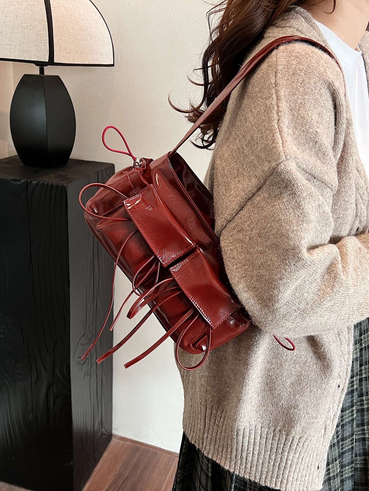 Burgundy Patent Faux Leather Shoulder Bag