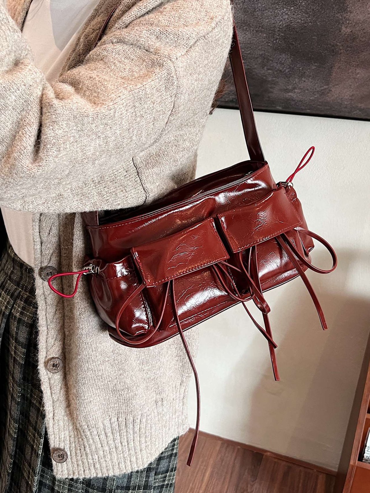 Burgundy Patent Faux Leather Shoulder Bag